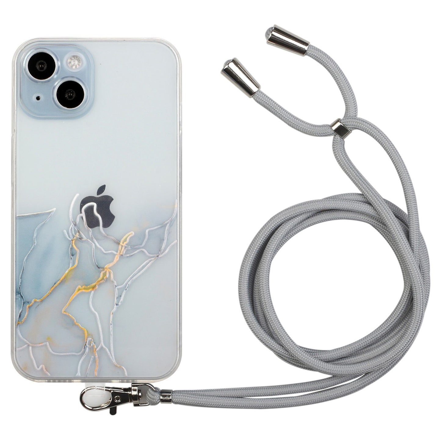 Soft TPU Phone Case for iPhone 15 Marble Pattern Embossed Anti-Scratch Phone Cover with Lanyard - Grey
