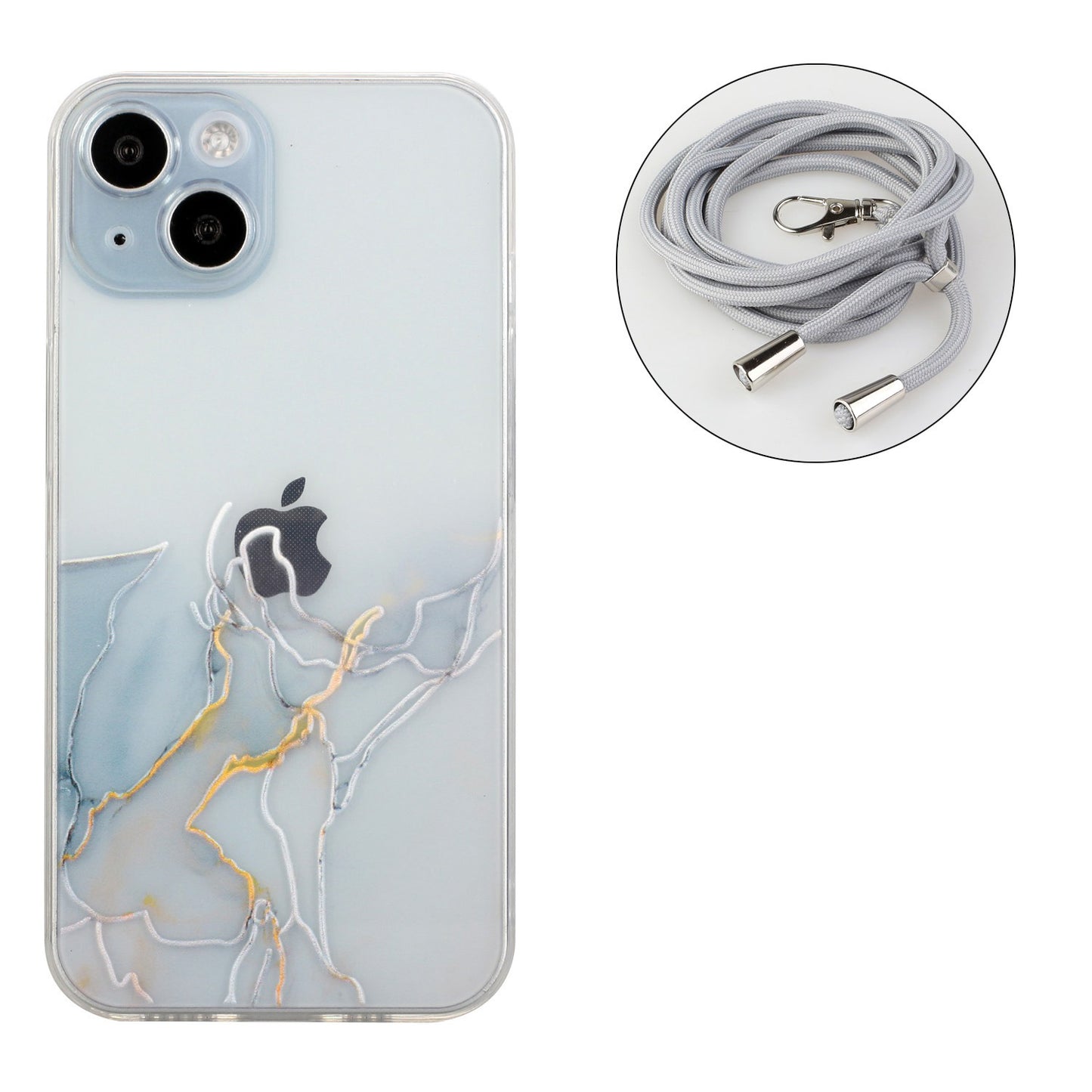 Soft TPU Phone Case for iPhone 15 Marble Pattern Embossed Anti-Scratch Phone Cover with Lanyard - Grey