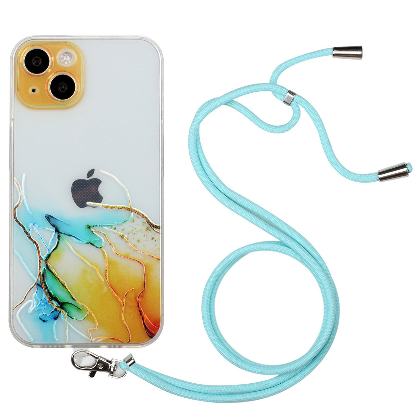 Soft TPU Phone Case for iPhone 15 Marble Pattern Embossed Anti-Scratch Phone Cover with Lanyard - Yellow