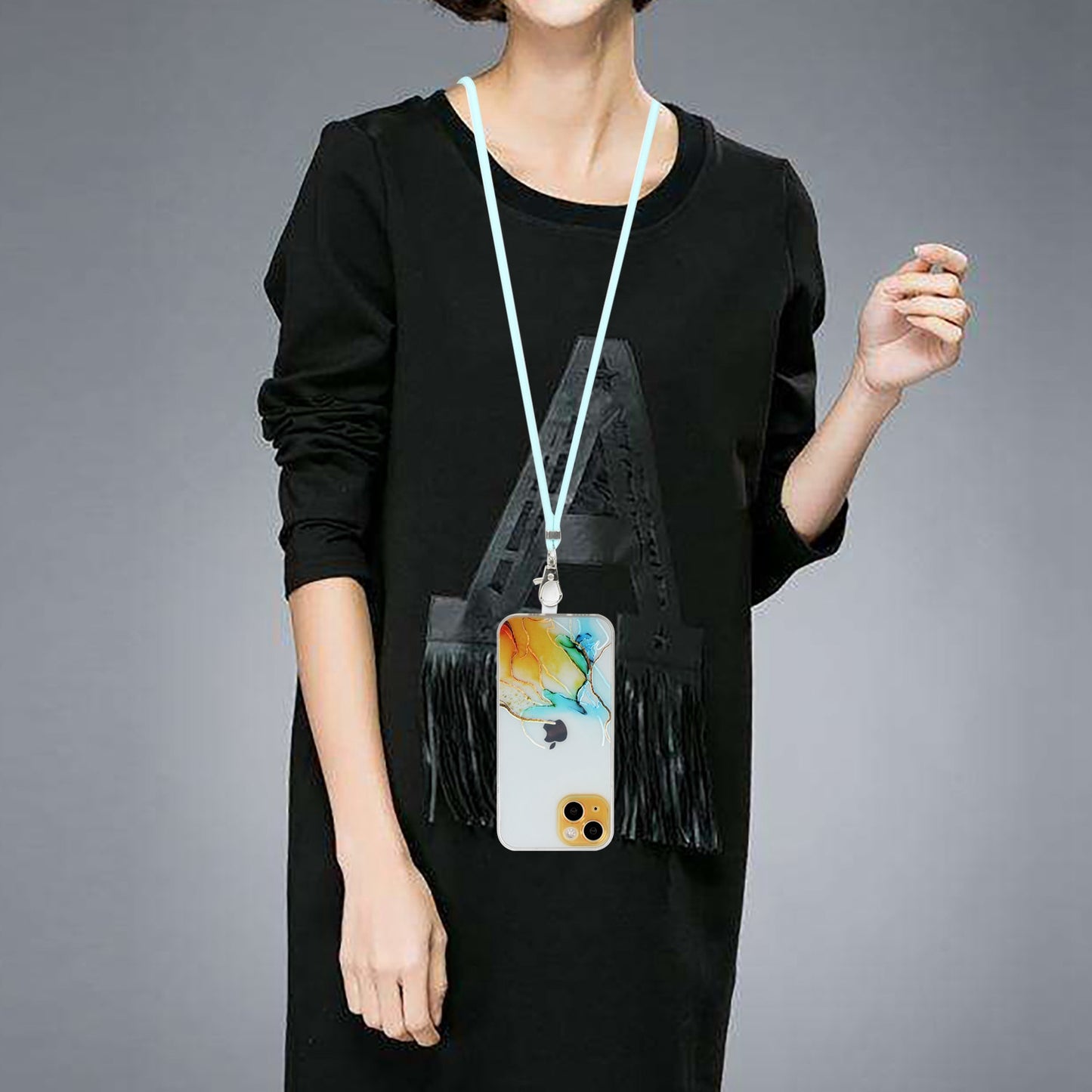 Soft TPU Phone Case for iPhone 15 Marble Pattern Embossed Anti-Scratch Phone Cover with Lanyard - Yellow