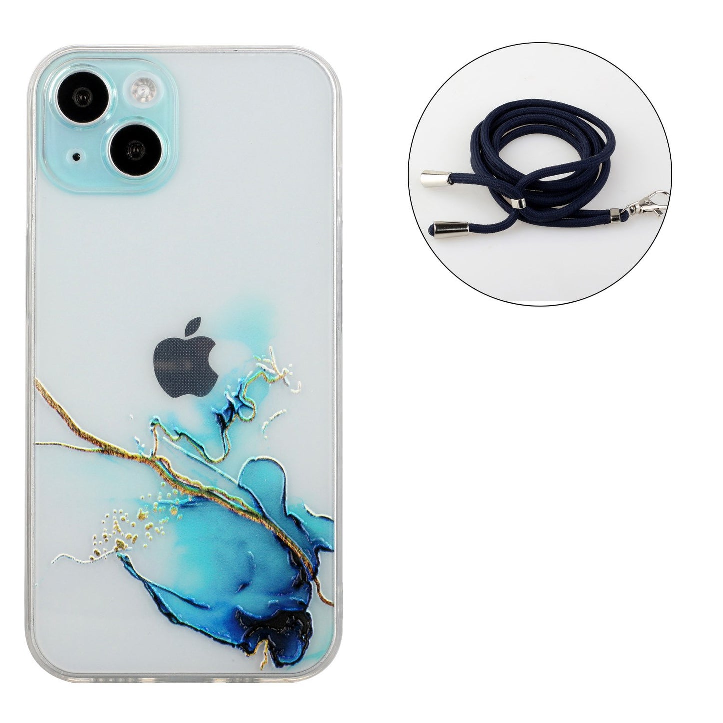 Soft TPU Phone Case for iPhone 15 Marble Pattern Embossed Anti-Scratch Phone Cover with Lanyard - Blue