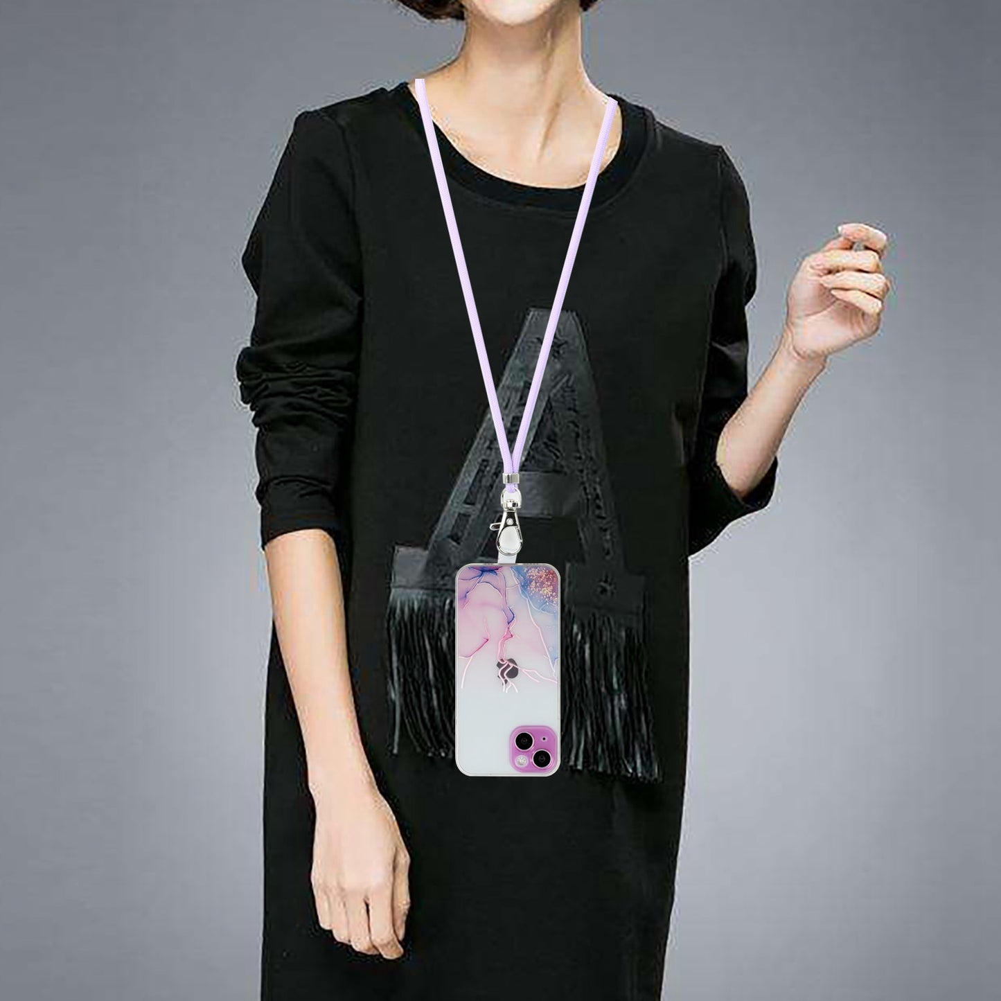 Soft TPU Phone Case for iPhone 15 Marble Pattern Embossed Anti-Scratch Phone Cover with Lanyard - Pink