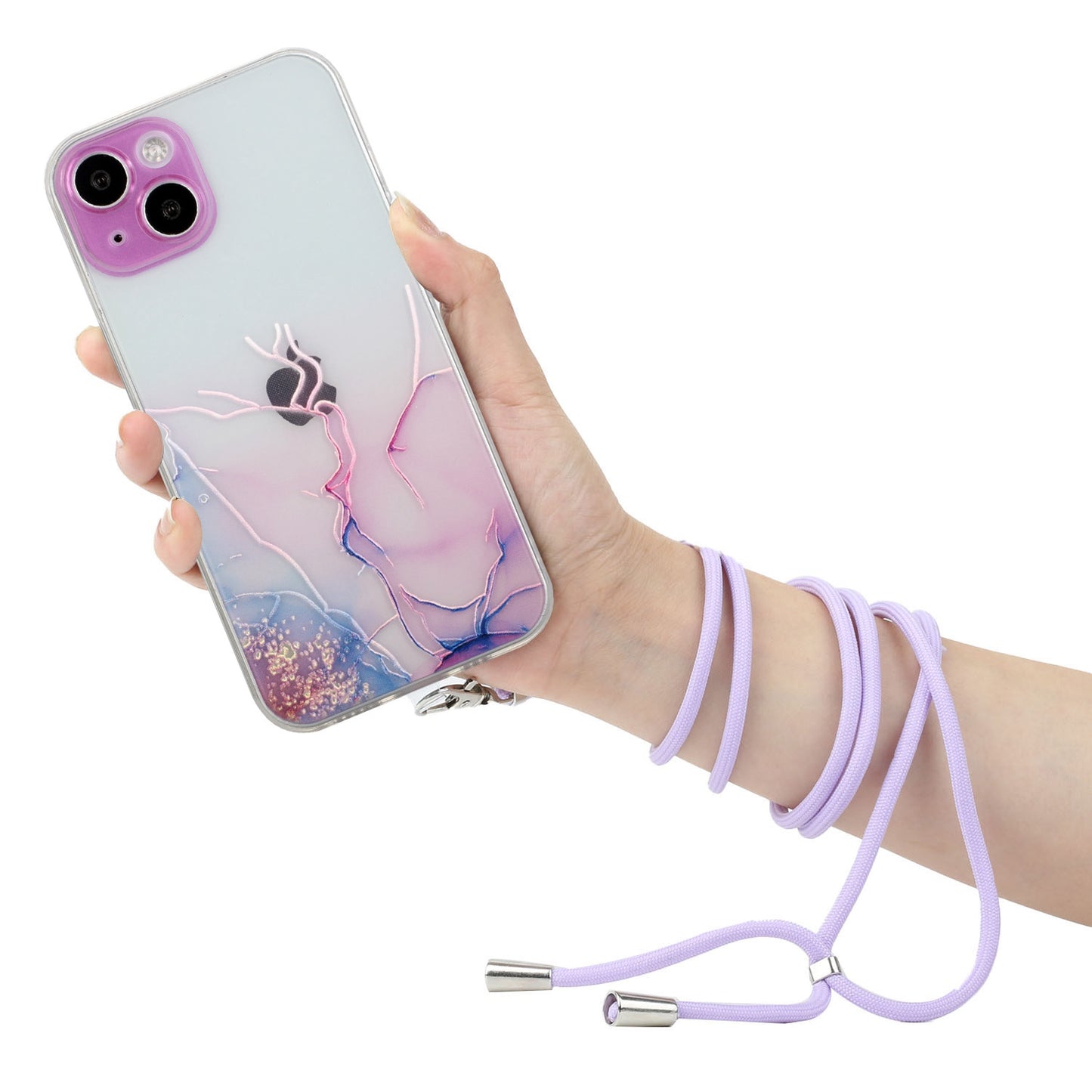 Soft TPU Phone Case for iPhone 15 Marble Pattern Embossed Anti-Scratch Phone Cover with Lanyard - Pink
