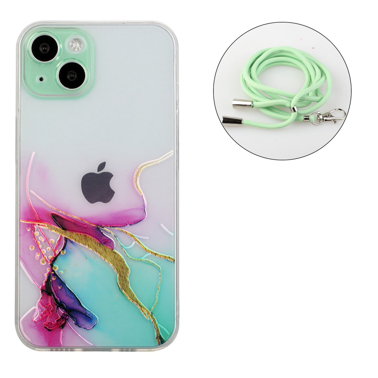 Soft TPU Phone Case for iPhone 15 Marble Pattern Embossed Anti-Scratch Phone Cover with Lanyard - Green