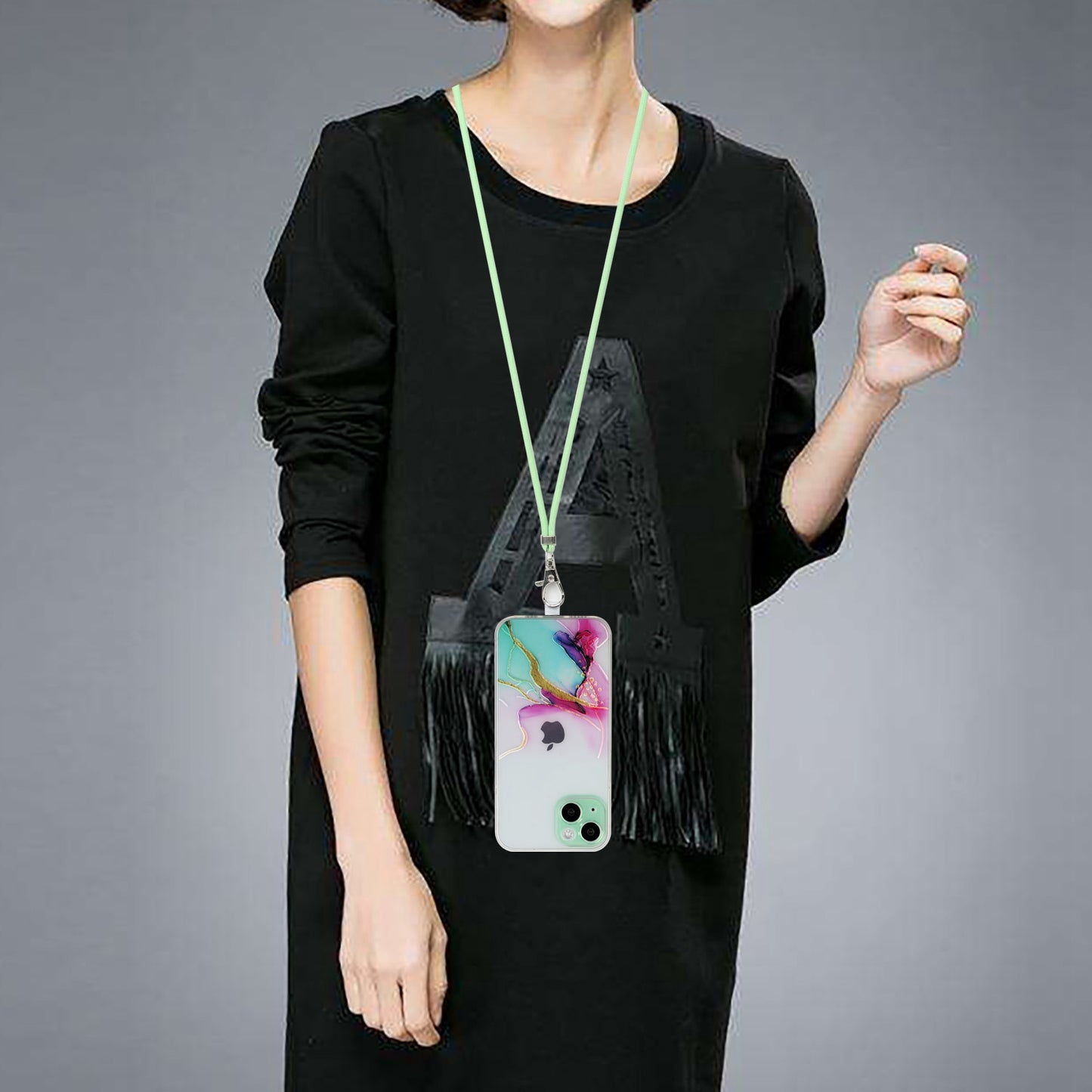 Soft TPU Phone Case for iPhone 15 Marble Pattern Embossed Anti-Scratch Phone Cover with Lanyard - Green