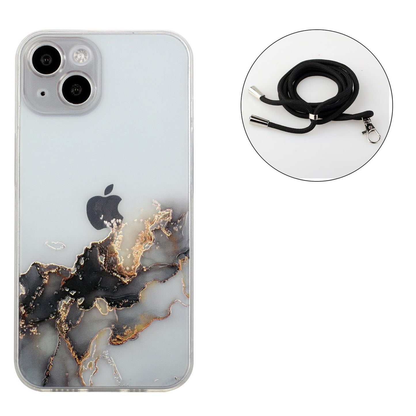 Soft TPU Phone Case for iPhone 15 Marble Pattern Embossed Anti-Scratch Phone Cover with Lanyard - Black