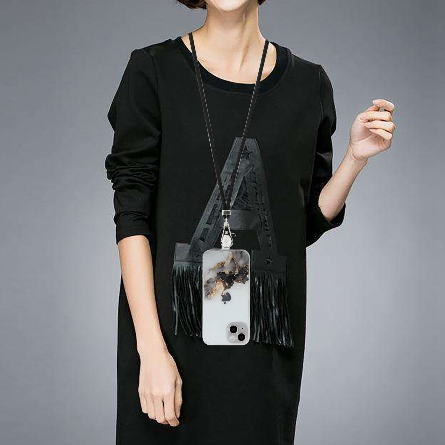 Soft TPU Phone Case for iPhone 15 Marble Pattern Embossed Anti-Scratch Phone Cover with Lanyard - Black