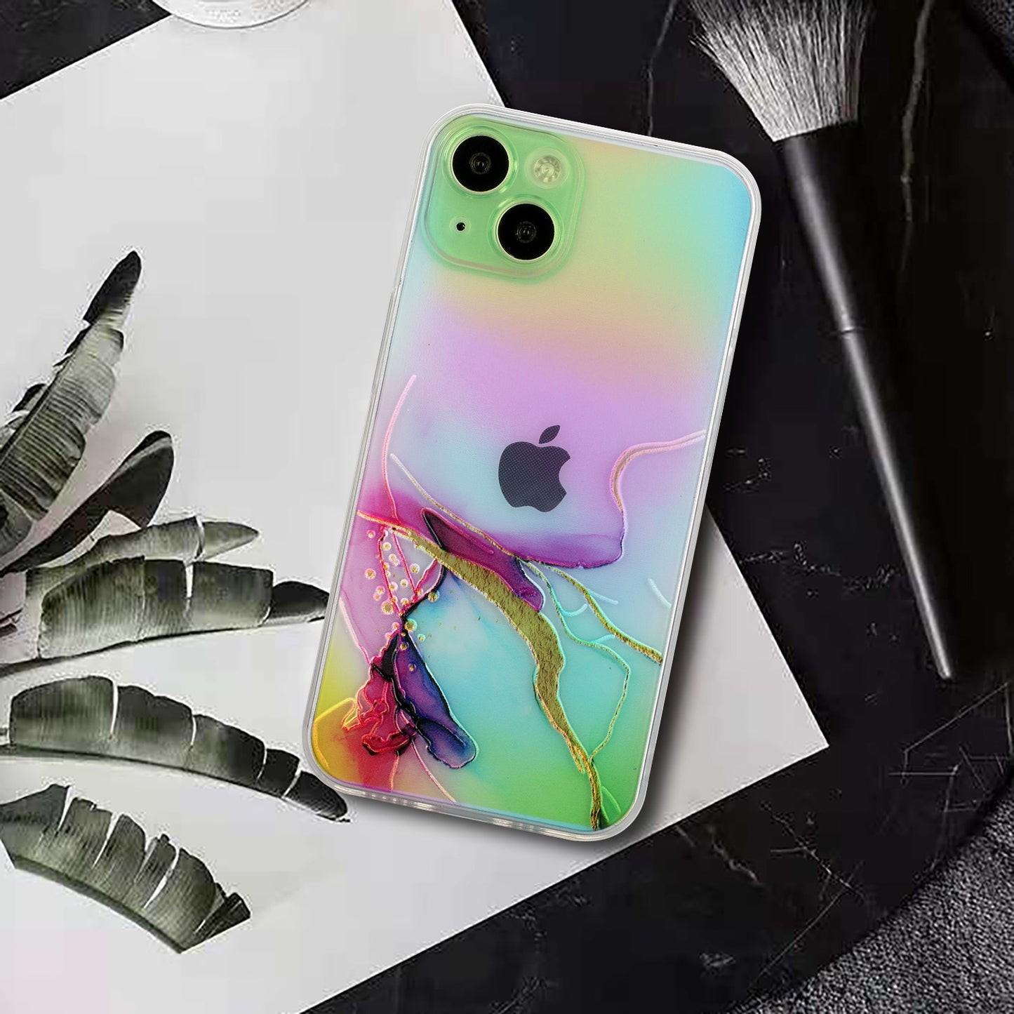 Marble Pattern Embossing TPU Case for iPhone 15 Colorful Laser Shockproof Phone Cover - Green
