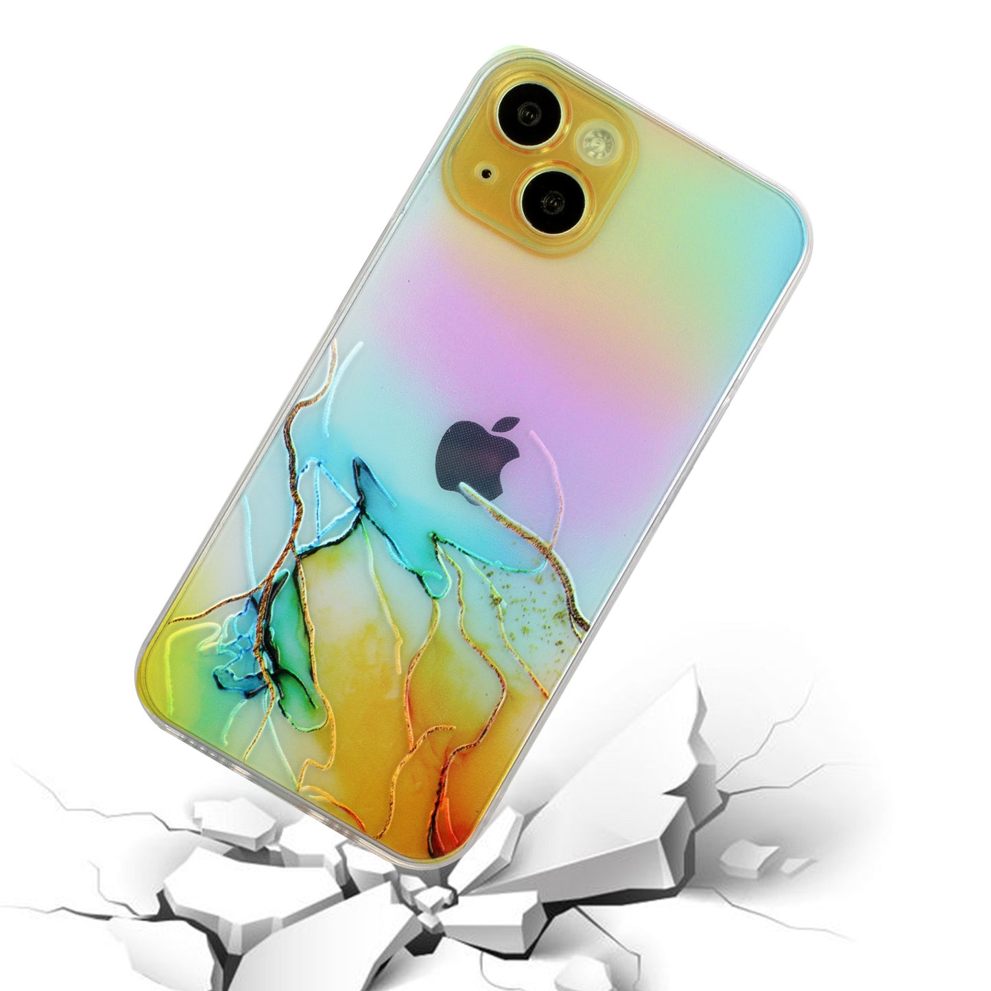 Marble Pattern Embossing TPU Case for iPhone 15 Colorful Laser Shockproof Phone Cover - Yellow