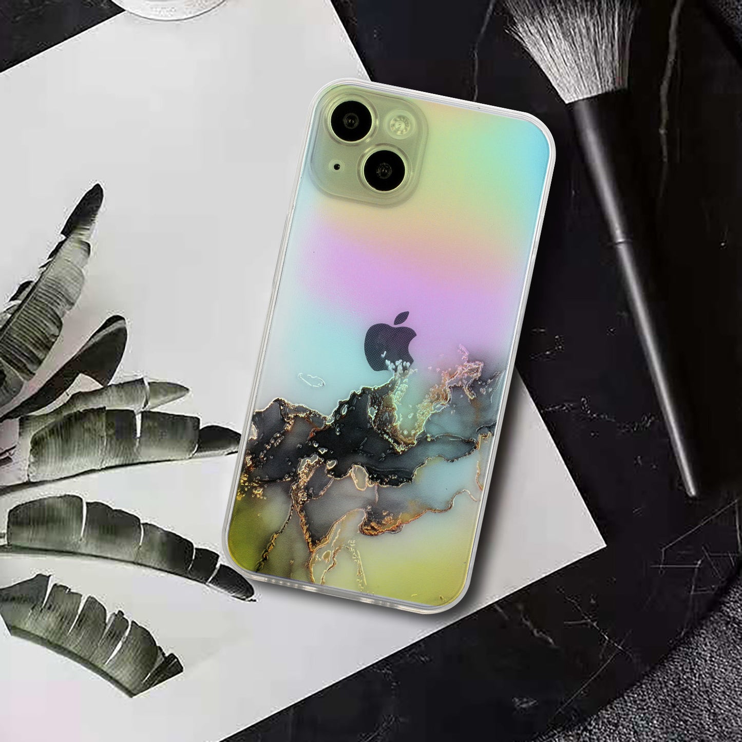 Marble Pattern Embossing TPU Case for iPhone 15 Colorful Laser Shockproof Phone Cover - Black