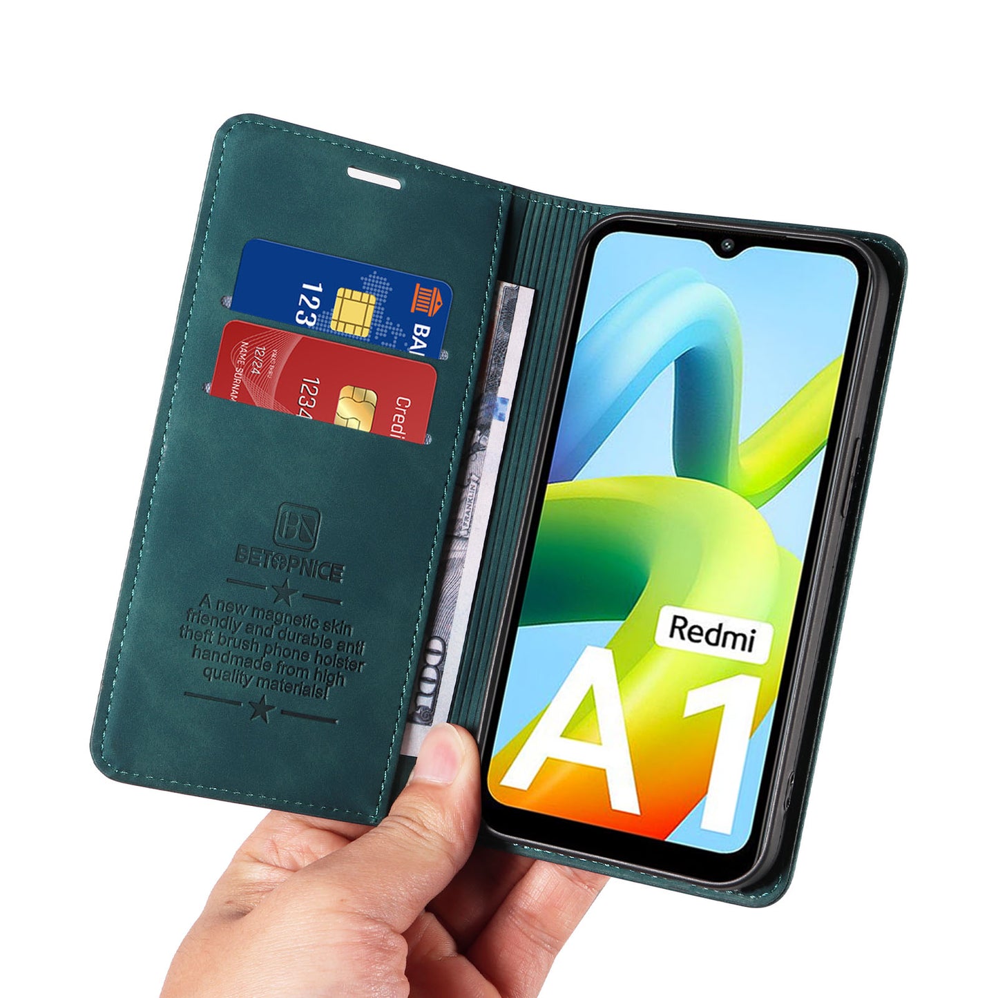 Uniqkart 003 For Xiaomi Redmi A1 4G / A2 4G Wallet Case RFID Blocking Phone Leather Stand Cover - Green