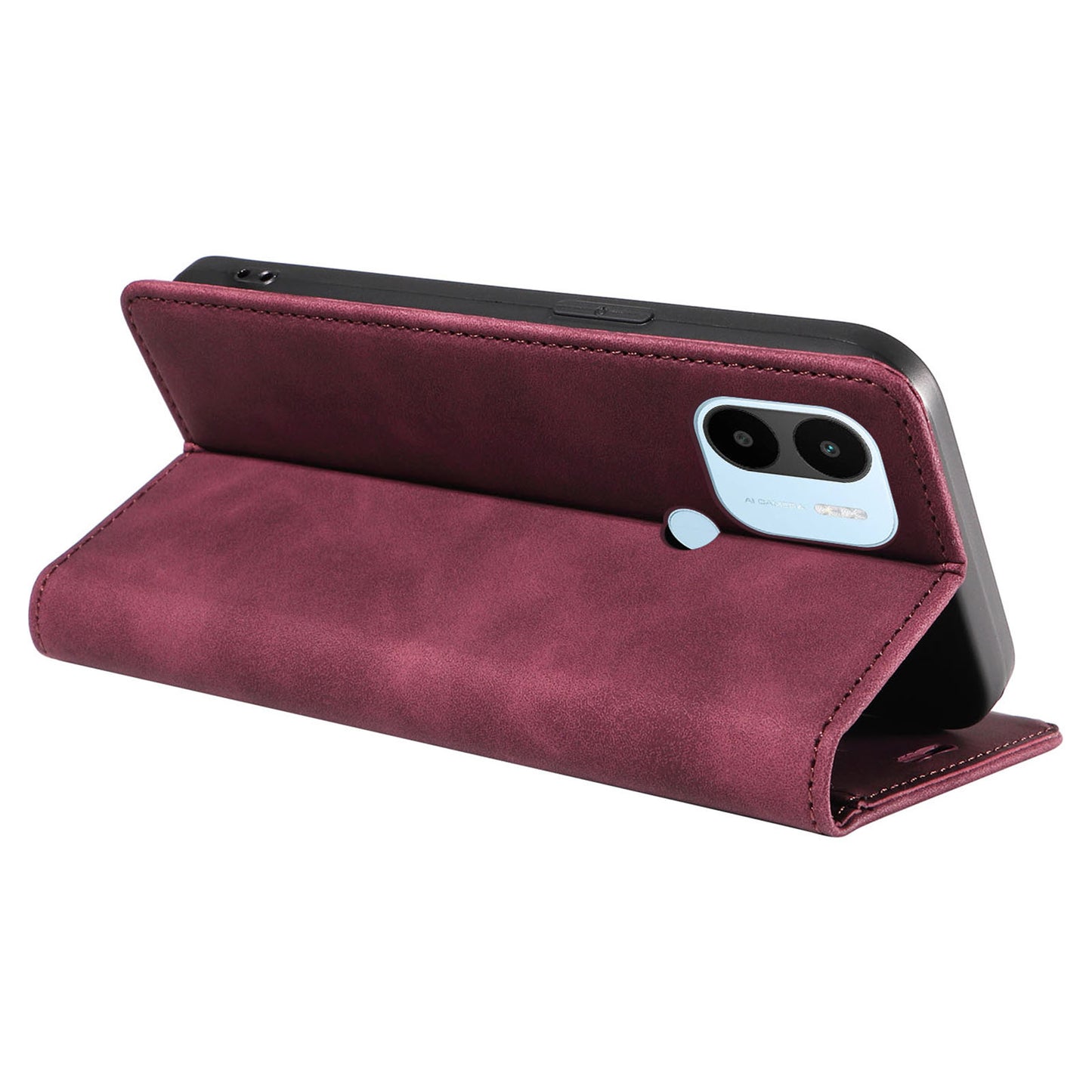 Uniqkart 003 For Xiaomi Redmi A1+ 4G / A2+ 4G / Poco C50 4G / Poco C51 4G RFID Blocking Phone Wallet Leather Stand Case (with Fingerprint Hole) - Red