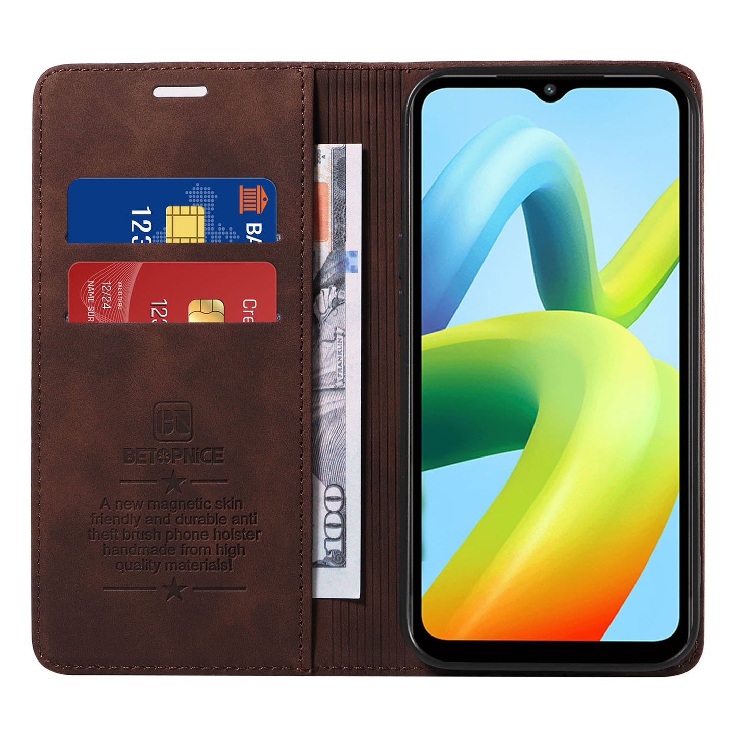 for Xiaomi Redmi A1+ 4G / A2+ 4G / Poco C50 4G / Poco C51 4G RFID Blocking Phone Wallet Leather Stand Case (with Fingerprint Hole) - Brown