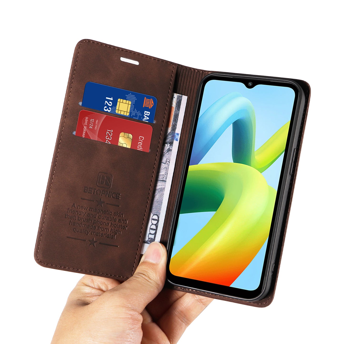 for Xiaomi Redmi A1+ 4G / A2+ 4G / Poco C50 4G / Poco C51 4G RFID Blocking Phone Wallet Leather Stand Case (with Fingerprint Hole) - Brown