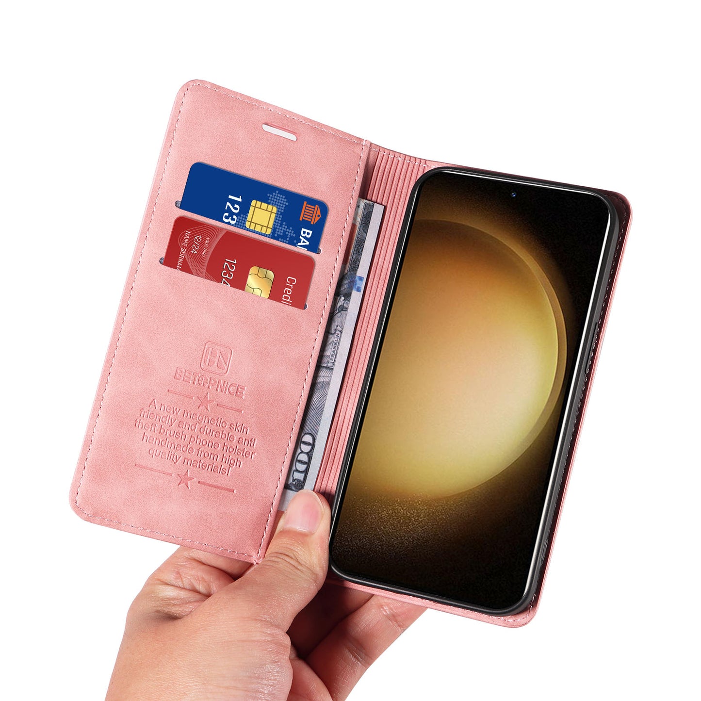 Uniqkart 003 For Samsung Galaxy S23+ RFID Blocking Phone Wallet Leather Stand Anti-drop Case - Pink