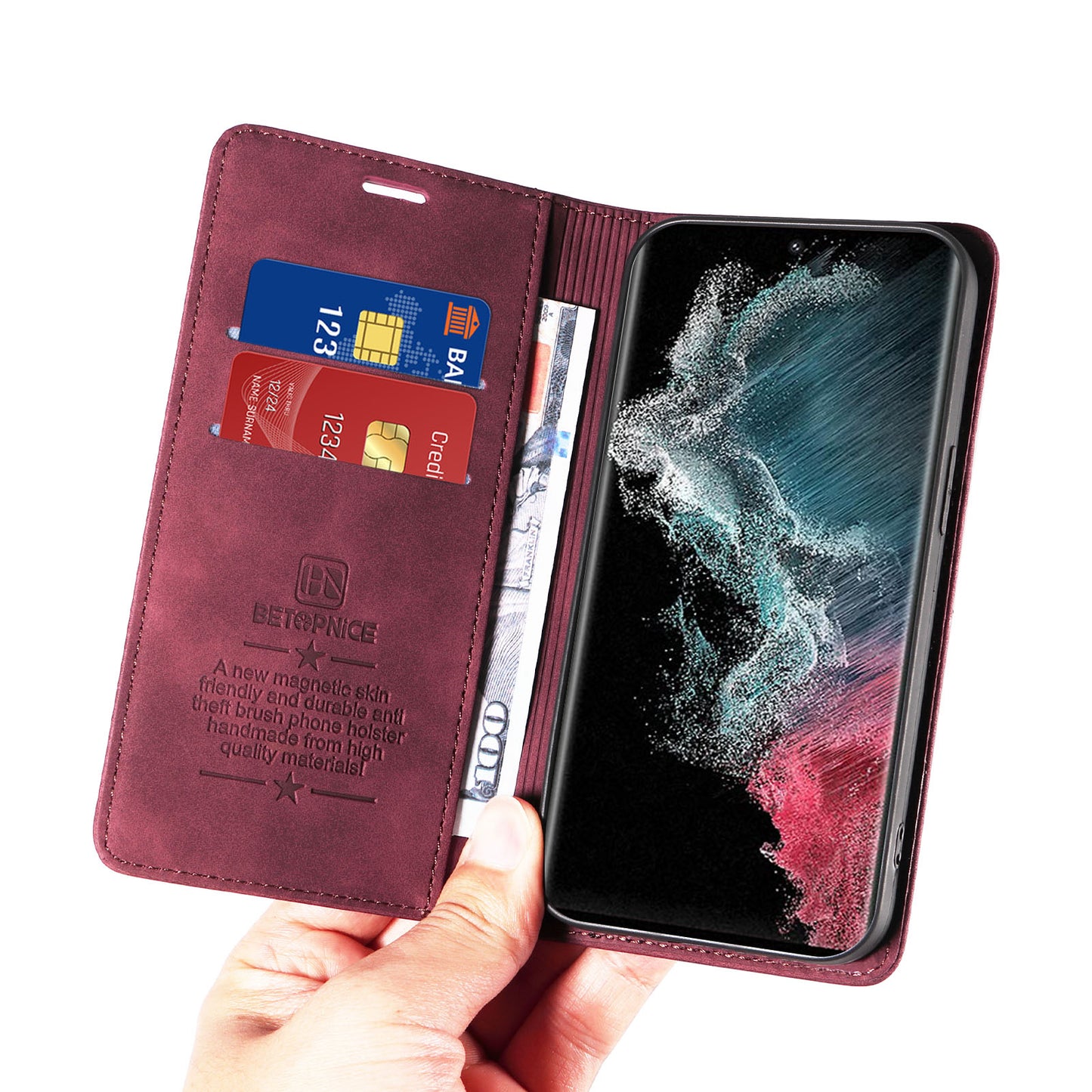 Uniqkart 003 For Samsung Galaxy S23 Ultra RFID Blocking Phone Wallet Leather Stand Shockproof Case - Red