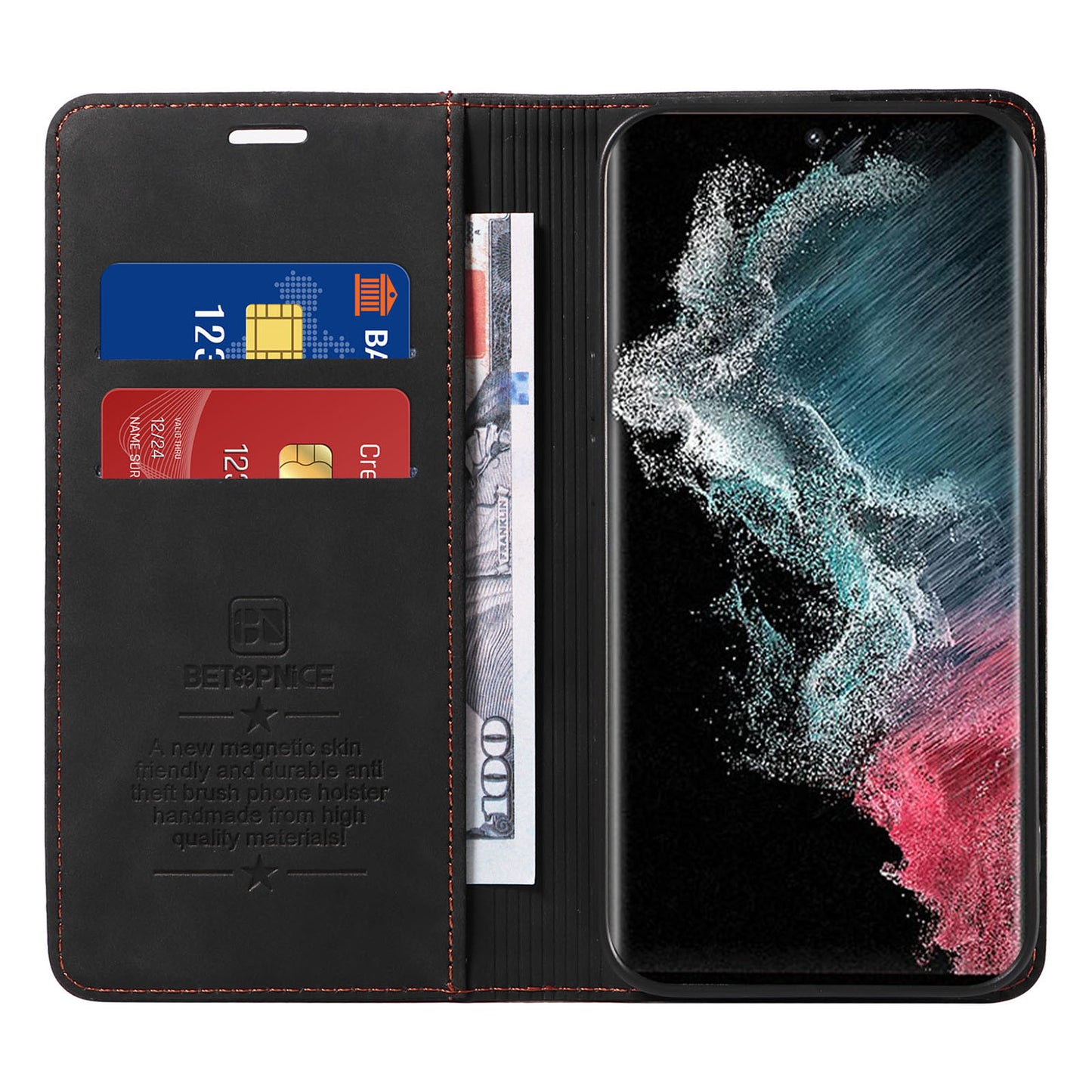 Uniqkart 003 For Samsung Galaxy S23 Ultra RFID Blocking Phone Wallet Leather Stand Shockproof Case - Black