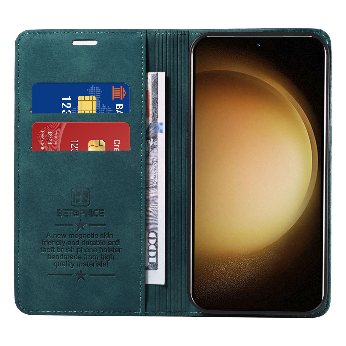 Uniqkart 003 Phone Cover for Samsung Galaxy S23 RFID Blocking Wallet Leather Stand Shockproof Case - Green