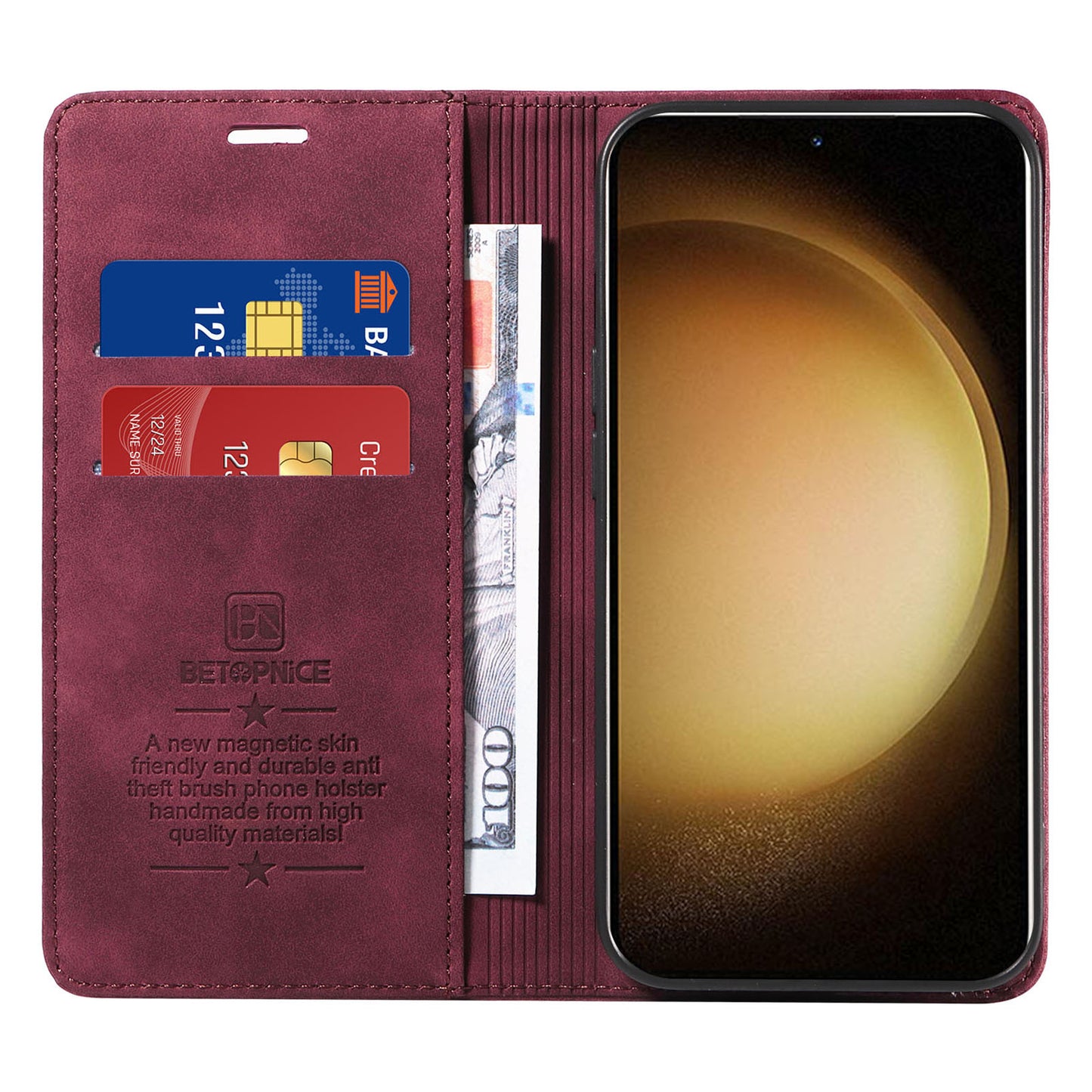 Uniqkart 003 Phone Cover for Samsung Galaxy S23 RFID Blocking Wallet Leather Stand Shockproof Case - Red