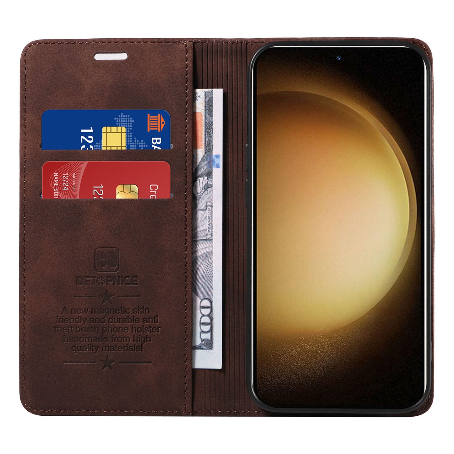 Uniqkart 003 Phone Cover for Samsung Galaxy S23 RFID Blocking Wallet Leather Stand Shockproof Case - Brown