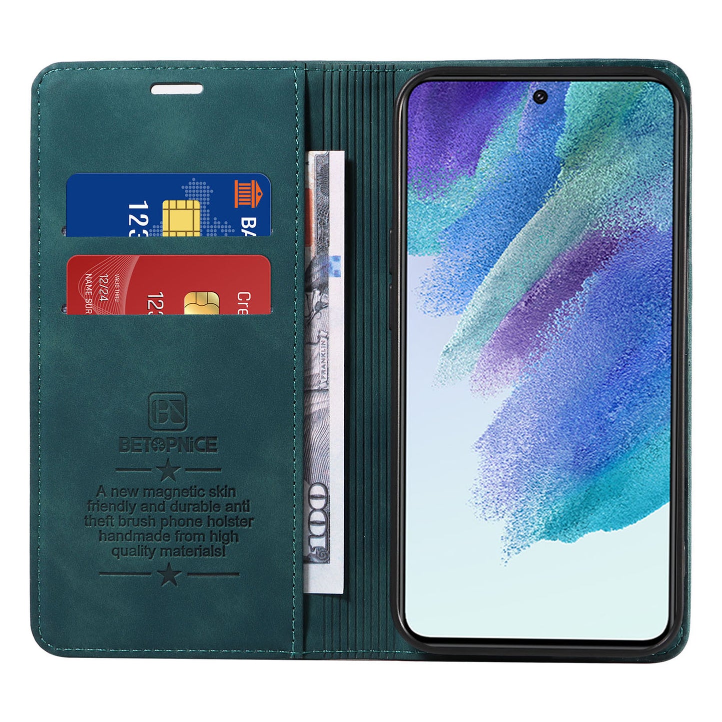 Uniqkart 003 Anti-scratch Cover for Samsung Galaxy S22 5G RFID Blocking Phone Wallet Leather Stand Case - Green