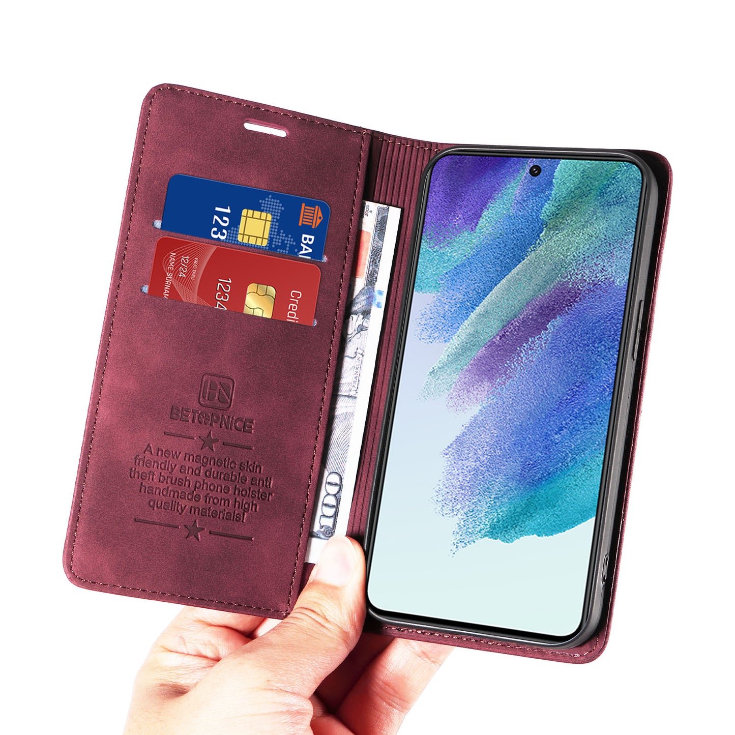 Uniqkart 003 Anti-scratch Cover for Samsung Galaxy S22 5G RFID Blocking Phone Wallet Leather Stand Case - Red