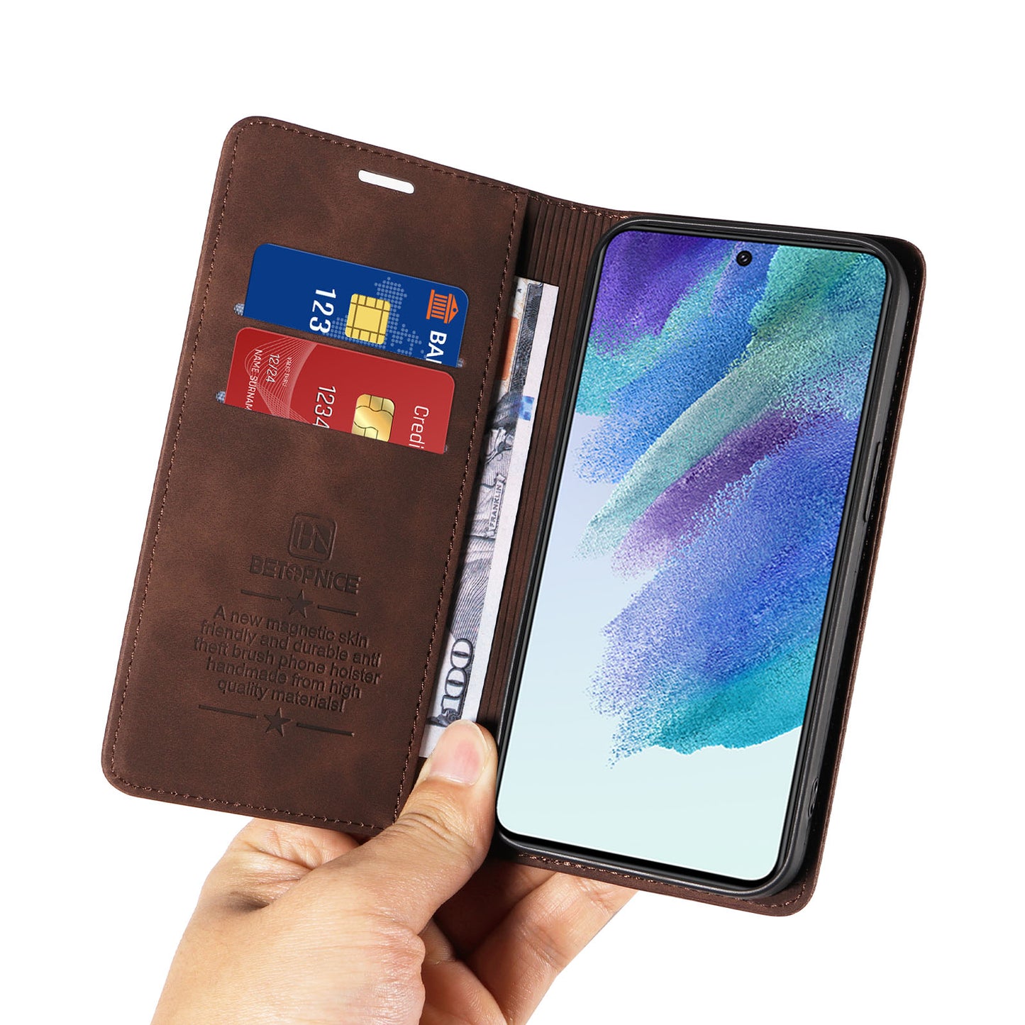 Uniqkart 003 Anti-scratch Cover for Samsung Galaxy S22 5G RFID Blocking Phone Wallet Leather Stand Case - Brown