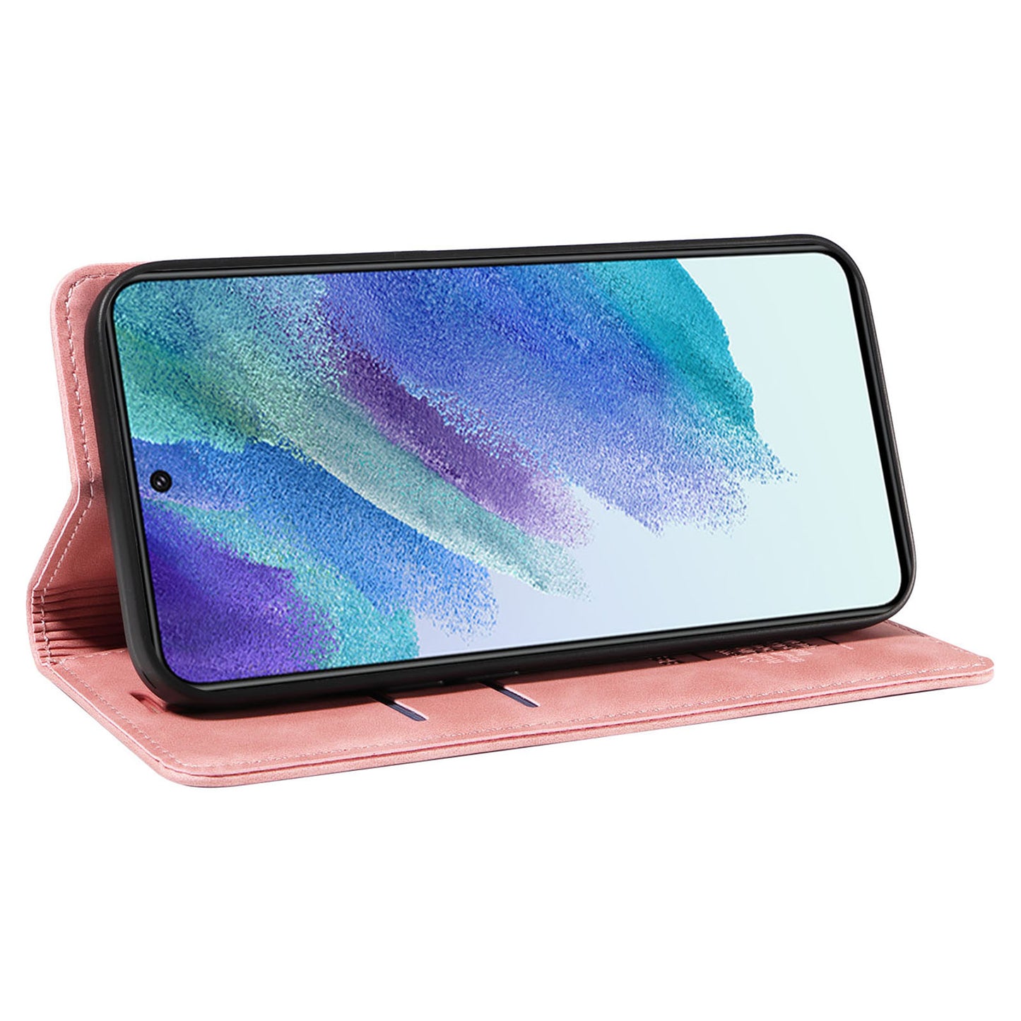 Uniqkart 003 Anti-scratch Cover for Samsung Galaxy S22 5G RFID Blocking Phone Wallet Leather Stand Case - Pink