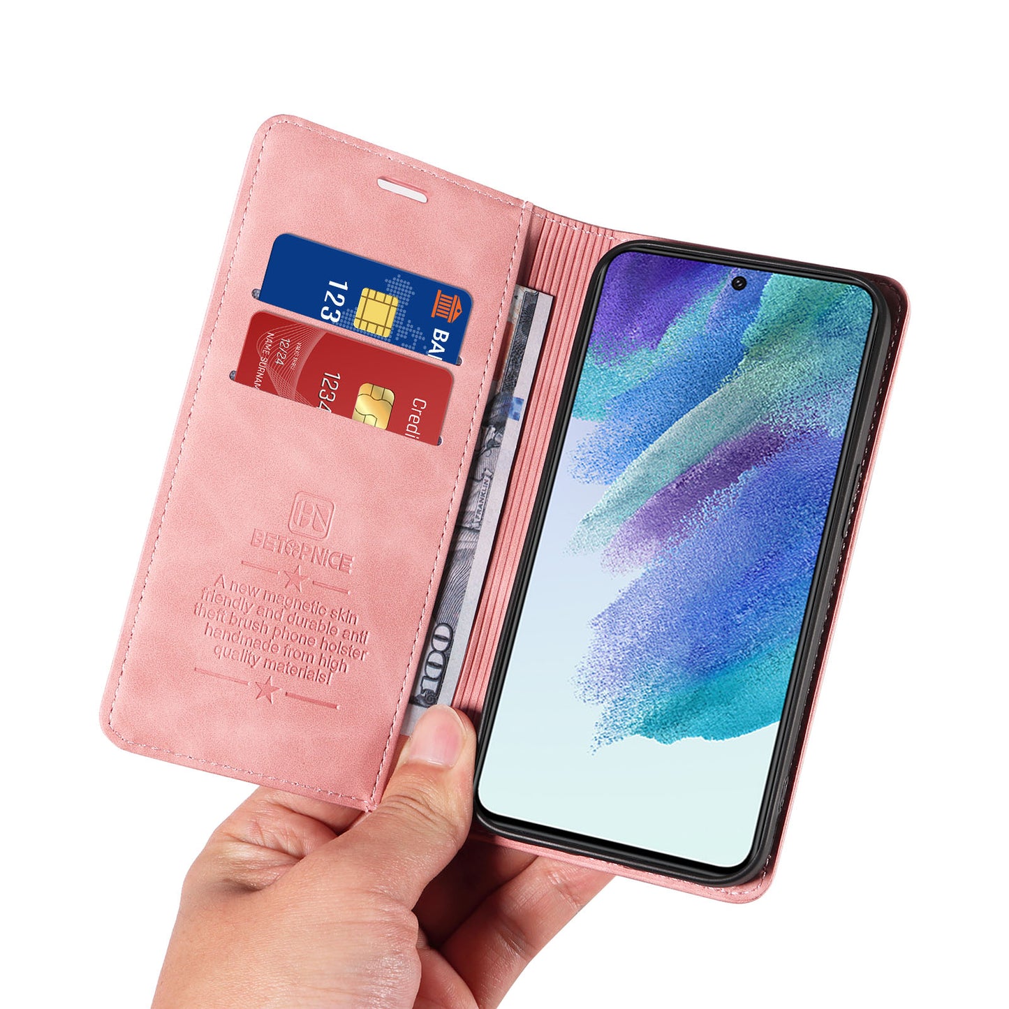 Uniqkart 003 Anti-scratch Cover for Samsung Galaxy S22 5G RFID Blocking Phone Wallet Leather Stand Case - Pink