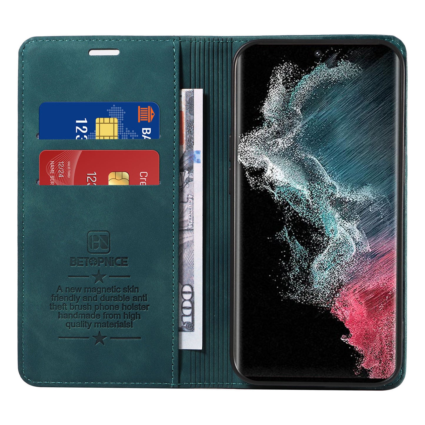 Uniqkart 003 For Samsung Galaxy S22 Ultra 5G RFID Blocking Bump Proof Phone Wallet Leather Stand Case - Green