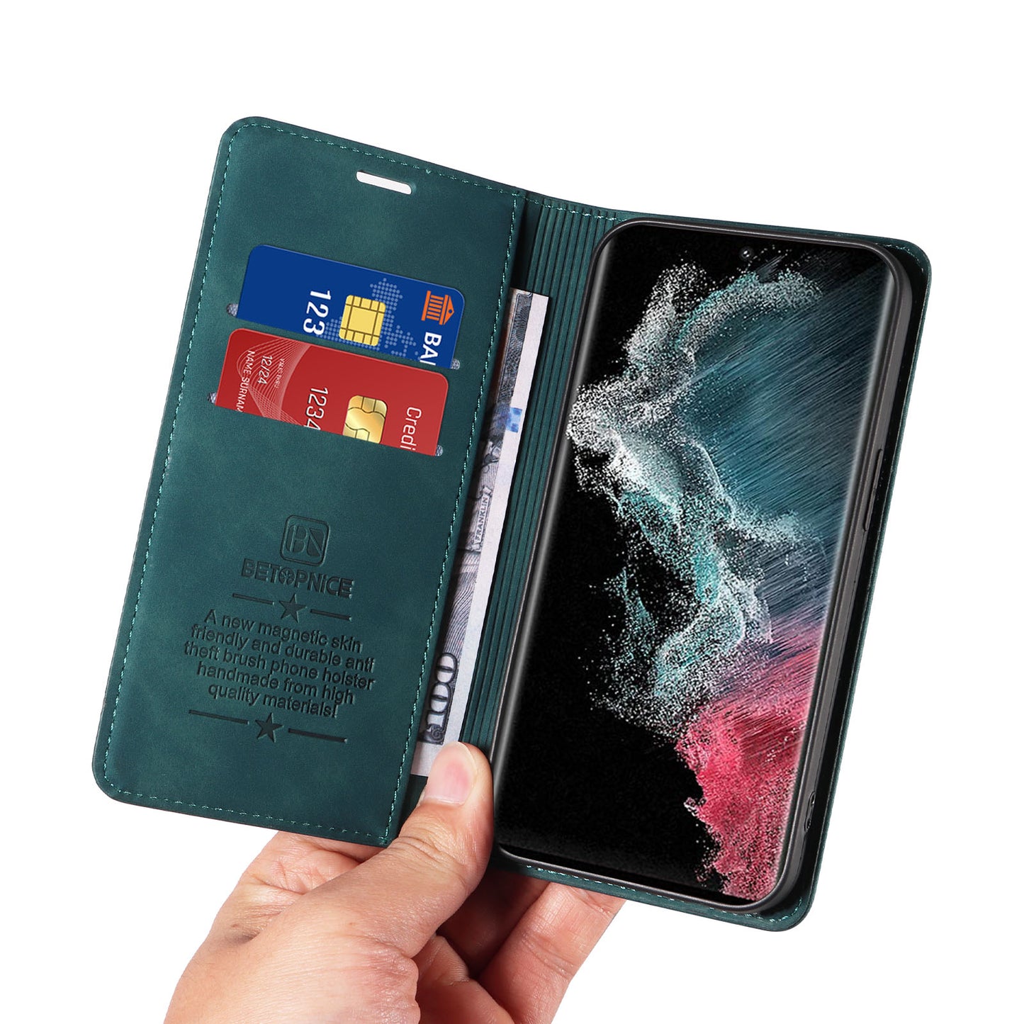 Uniqkart 003 For Samsung Galaxy S22 Ultra 5G RFID Blocking Bump Proof Phone Wallet Leather Stand Case - Green