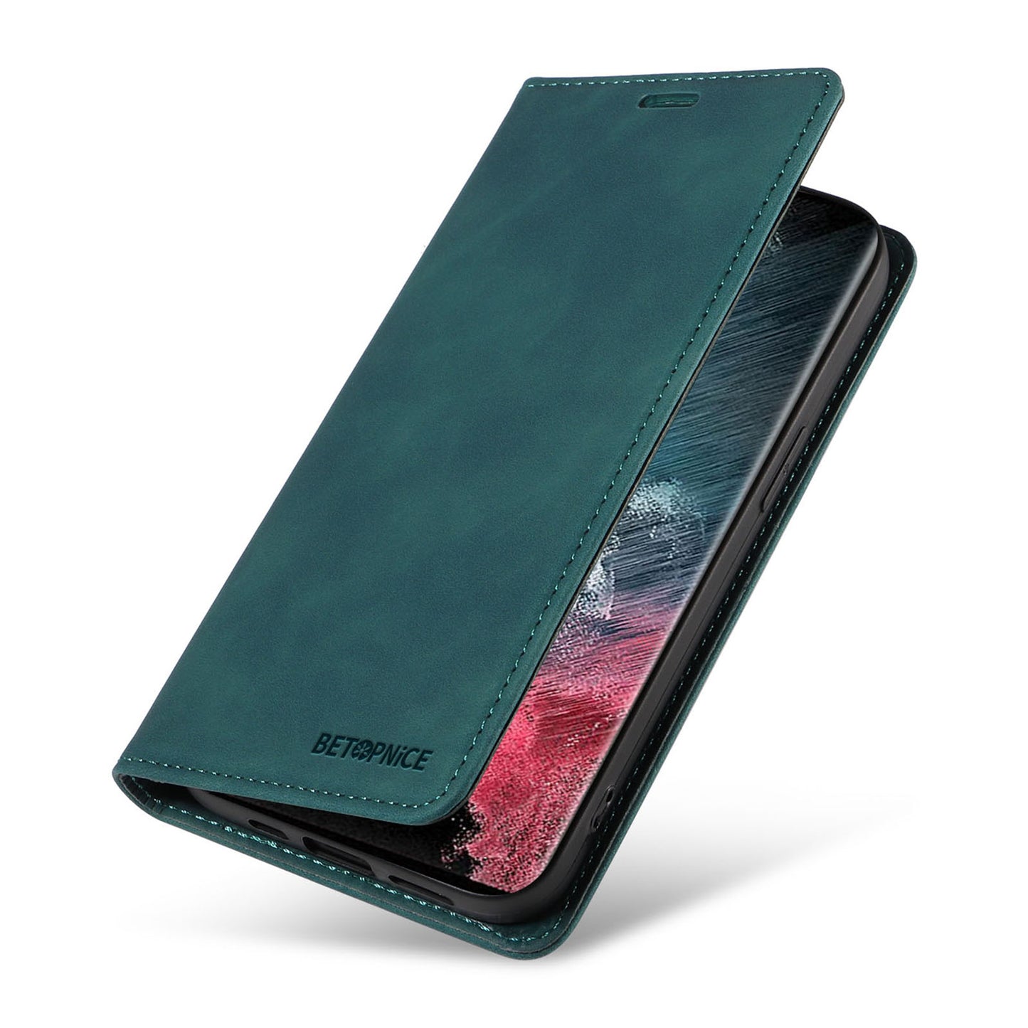 Uniqkart 003 For Samsung Galaxy S22 Ultra 5G RFID Blocking Bump Proof Phone Wallet Leather Stand Case - Green