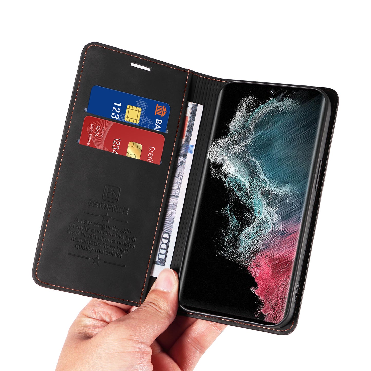 Uniqkart 003 For Samsung Galaxy S22 Ultra 5G RFID Blocking Bump Proof Phone Wallet Leather Stand Case - Black