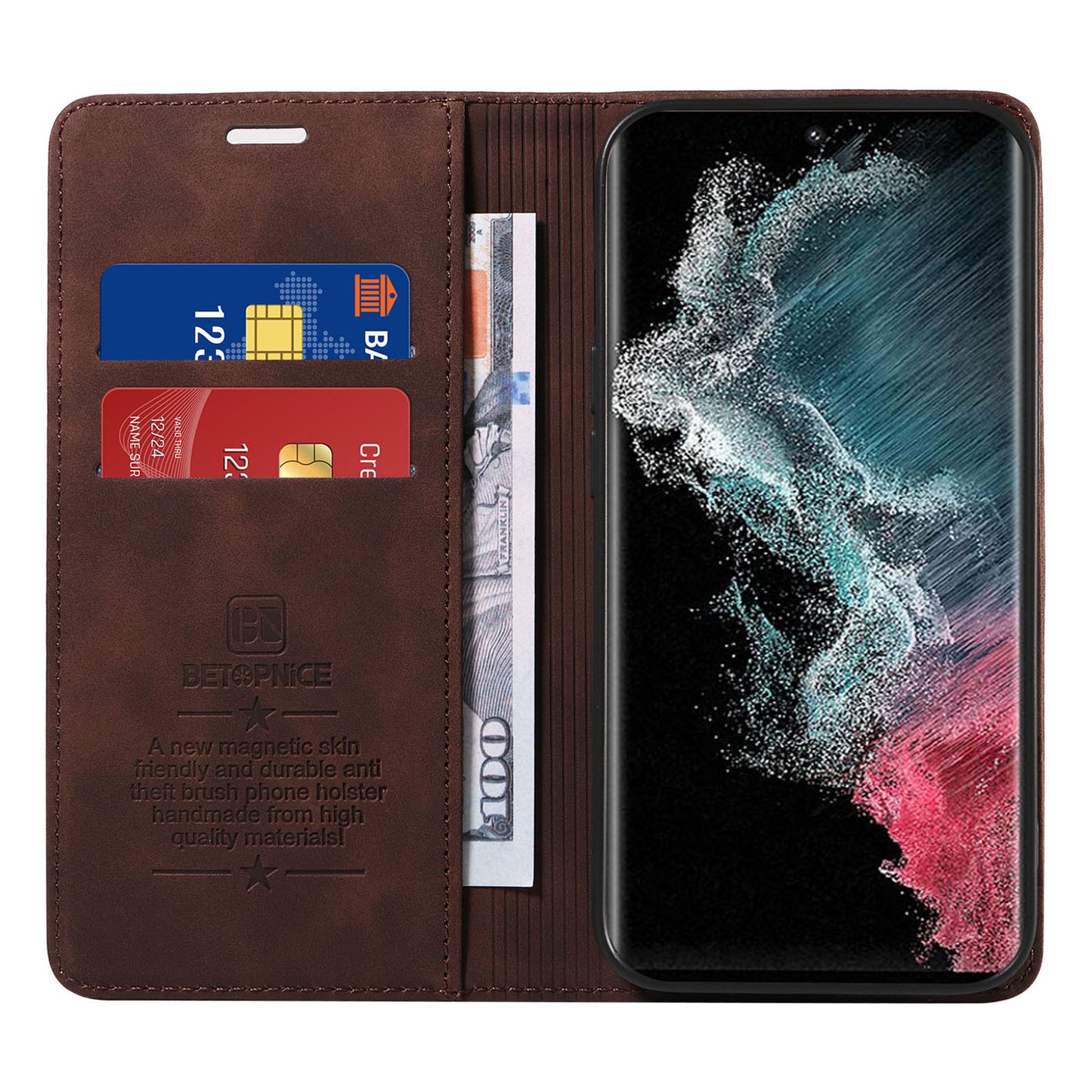 Uniqkart 003 For Samsung Galaxy S22 Ultra 5G RFID Blocking Bump Proof Phone Wallet Leather Stand Case - Brown