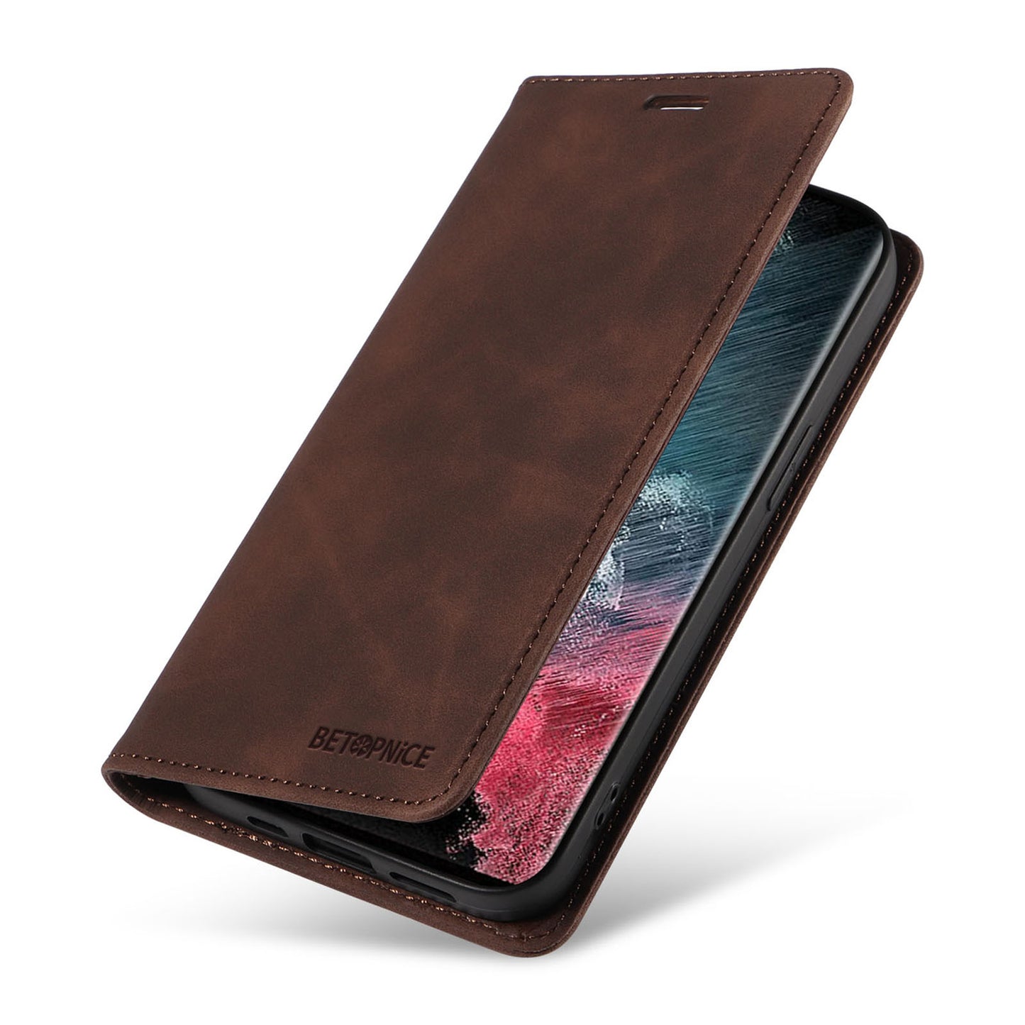 Uniqkart 003 For Samsung Galaxy S22 Ultra 5G RFID Blocking Bump Proof Phone Wallet Leather Stand Case - Brown