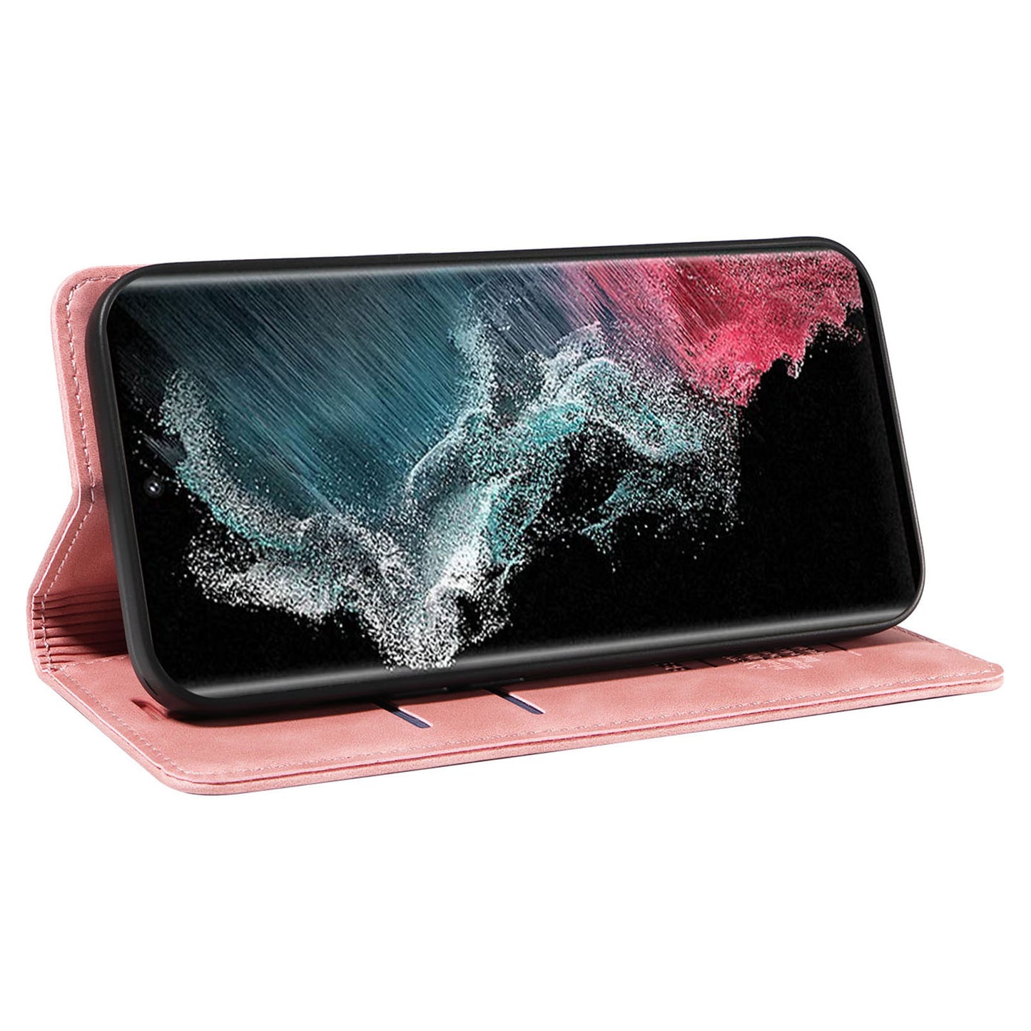 Uniqkart 003 For Samsung Galaxy S22 Ultra 5G RFID Blocking Bump Proof Phone Wallet Leather Stand Case - Pink