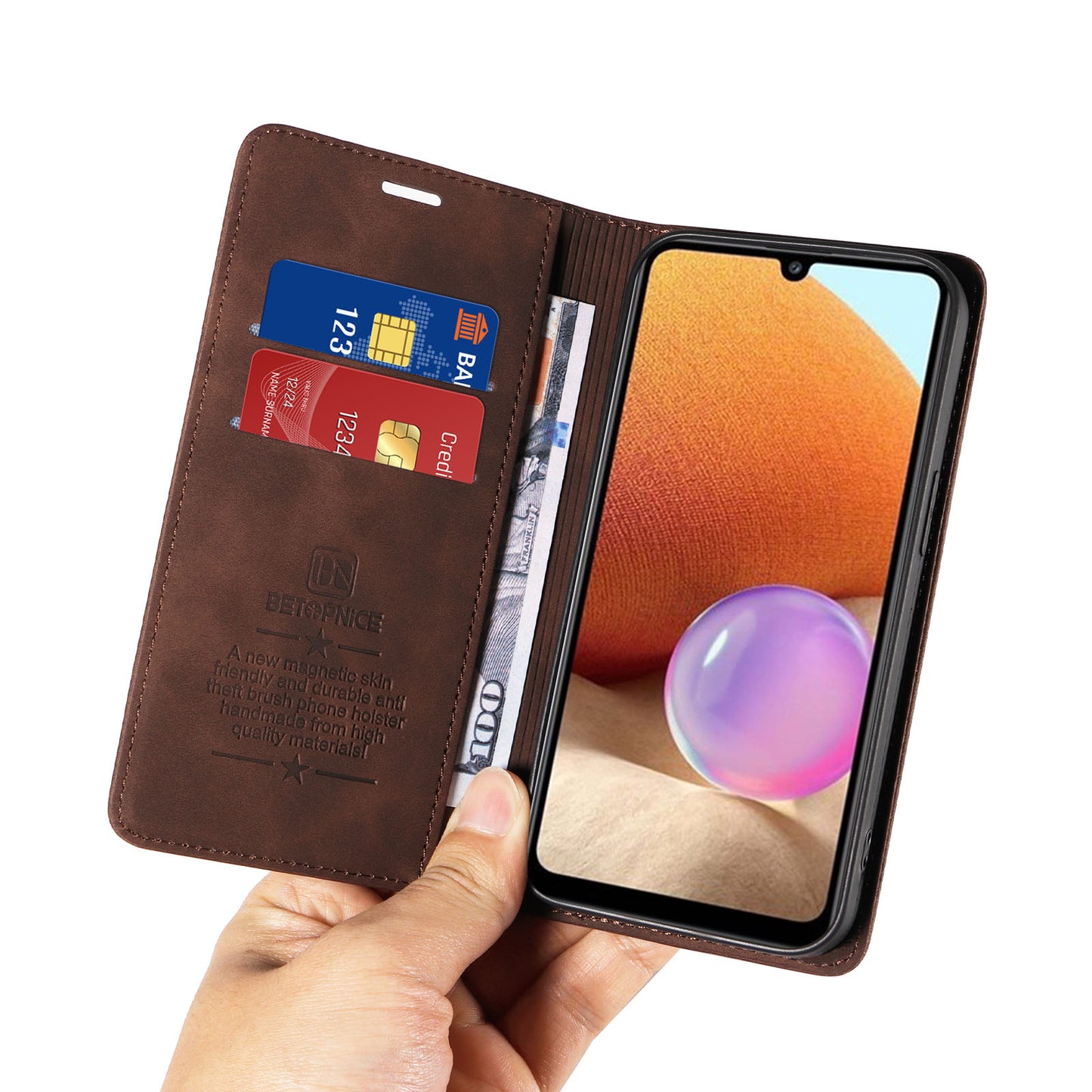 Uniqkart 003 Phone Cover for Samsung Galaxy A32 4G (EU Version) RFID Blocking Wallet Leather Stand Case - Brown