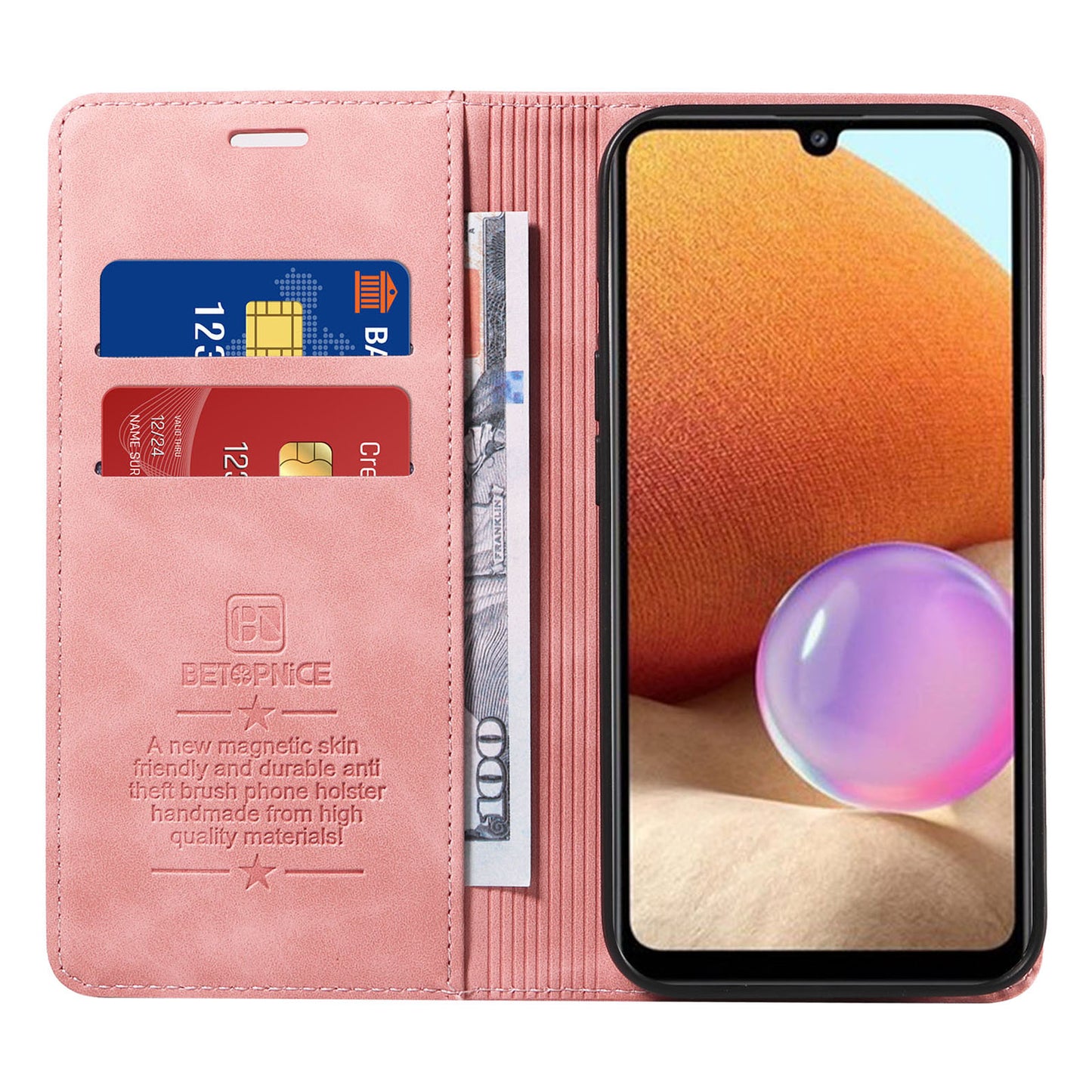 Uniqkart 003 Phone Cover for Samsung Galaxy A32 4G (EU Version) RFID Blocking Wallet Leather Stand Case - Pink