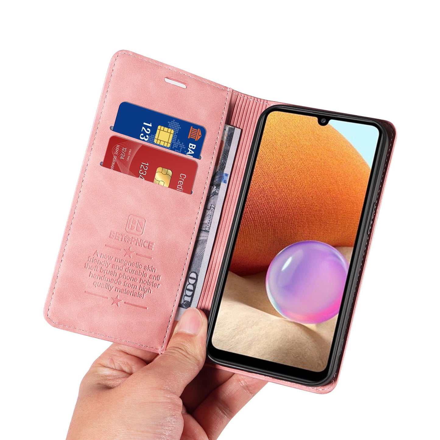 Uniqkart 003 Phone Cover for Samsung Galaxy A32 4G (EU Version) RFID Blocking Wallet Leather Stand Case - Pink