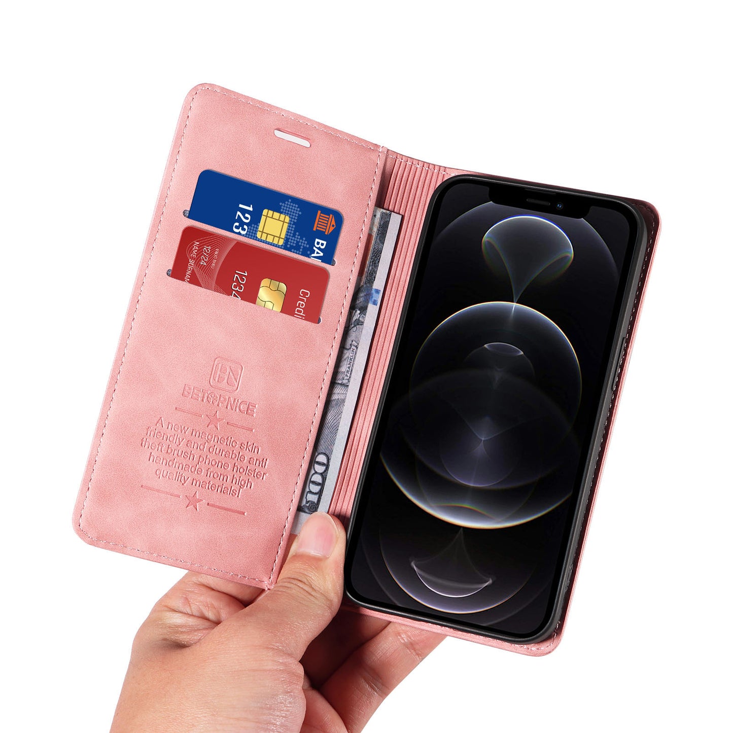 Uniqkart 003 For iPhone 12 Pro Max 6.7 inch Anti-scratch Phone Cover Wallet Leather Stand RFID Blocking Case - Pink