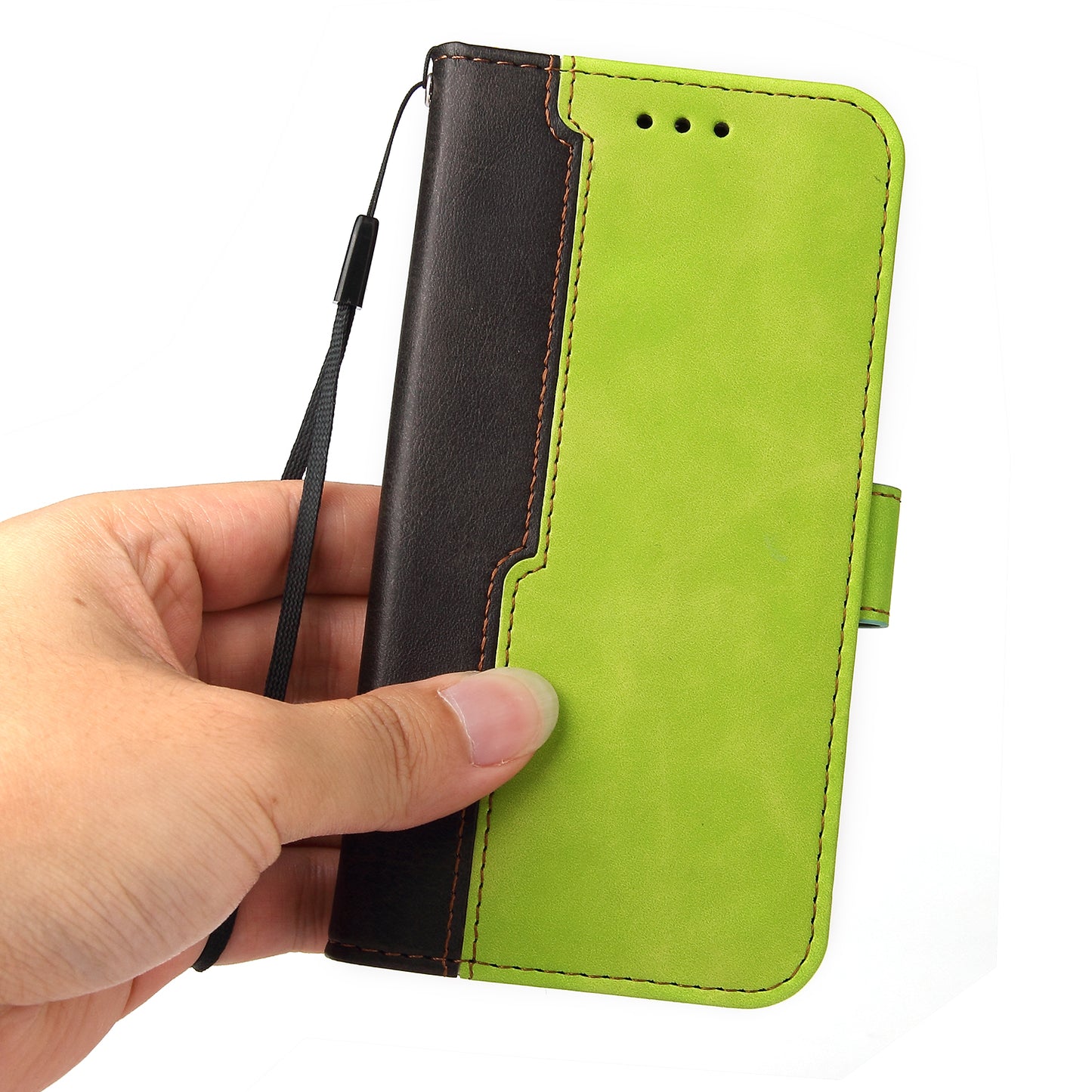 Phone Wallet Cover for iPhone 15 Business Style PU Leather Dual-color Splicing Flip Stand Anti-drop Case - Green