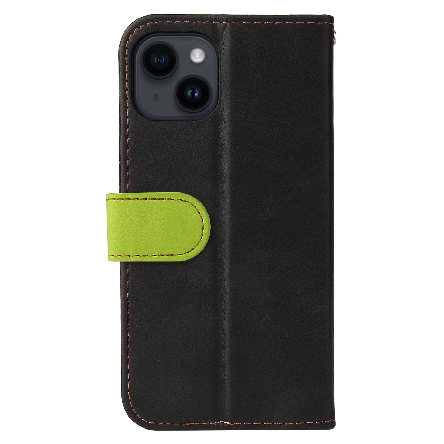 Phone Wallet Cover for iPhone 15 Business Style PU Leather Dual-color Splicing Flip Stand Anti-drop Case - Green