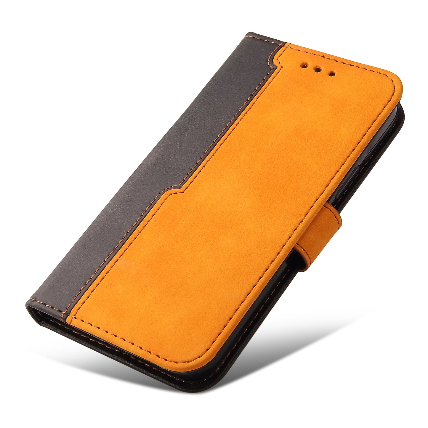 Phone Wallet Cover for iPhone 15 Business Style PU Leather Dual-color Splicing Flip Stand Anti-drop Case - Orange