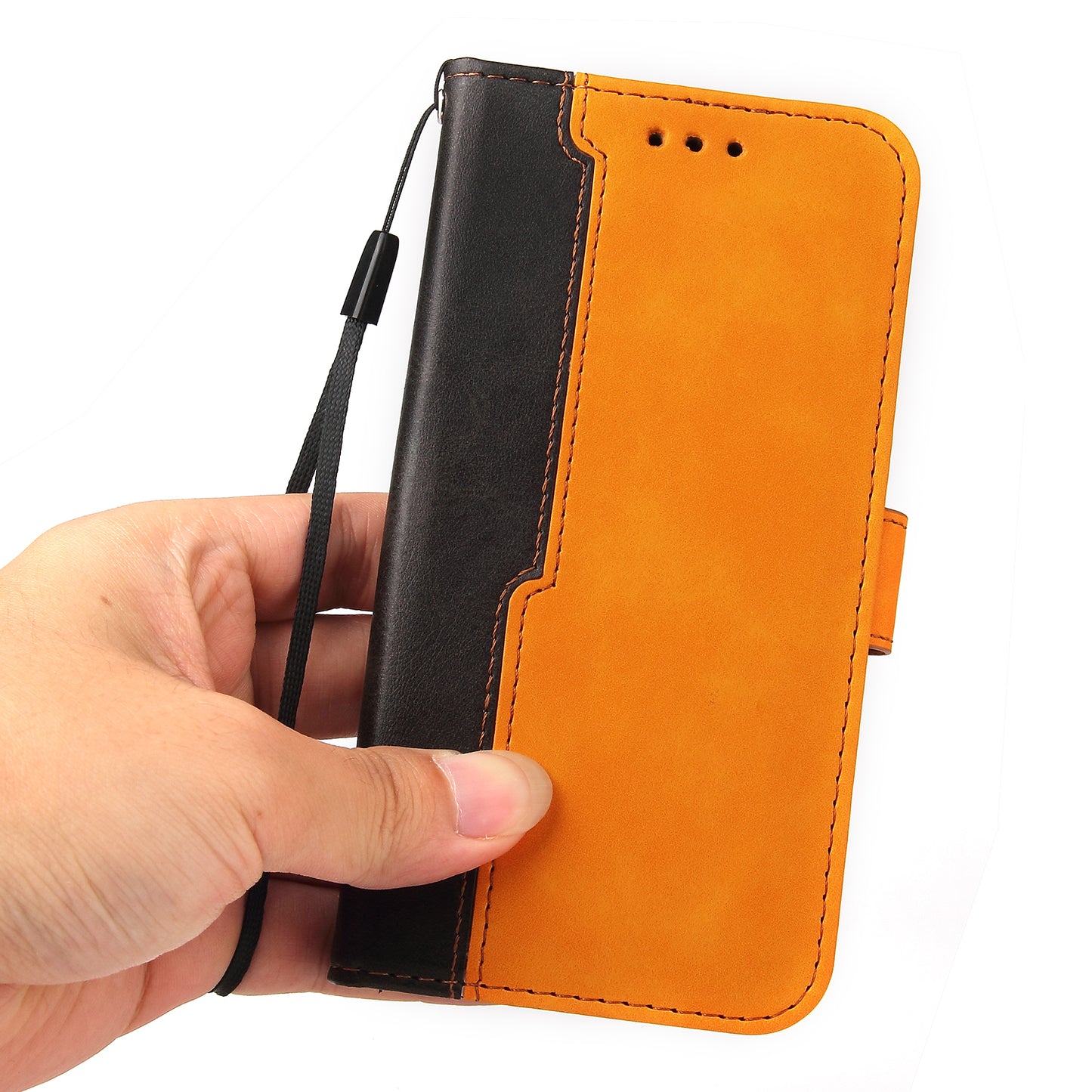 Phone Wallet Cover for iPhone 15 Business Style PU Leather Dual-color Splicing Flip Stand Anti-drop Case - Orange