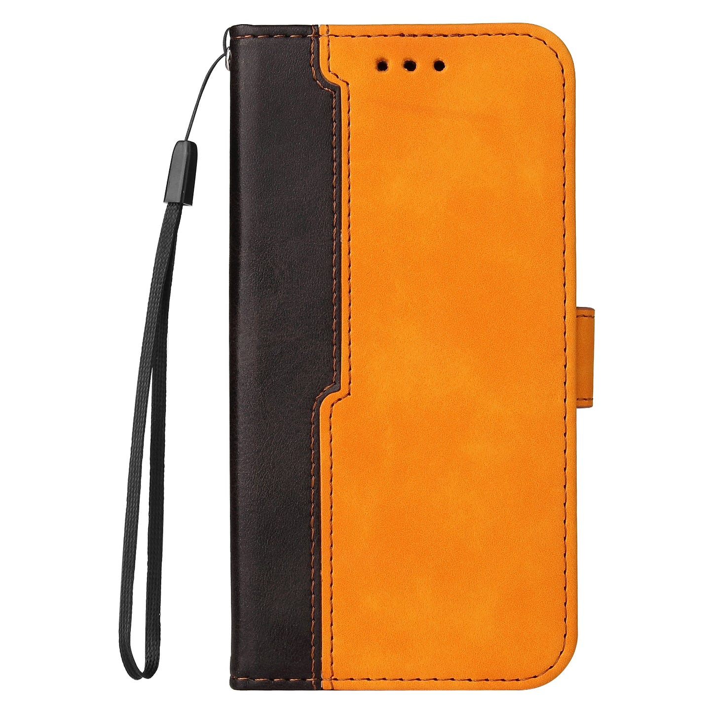 Phone Wallet Cover for iPhone 15 Business Style PU Leather Dual-color Splicing Flip Stand Anti-drop Case - Orange