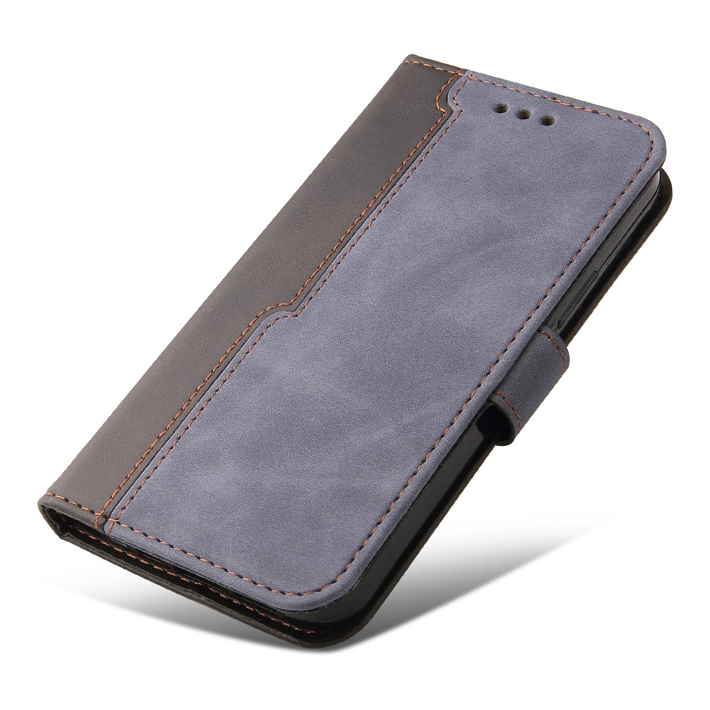 Phone Wallet Cover for iPhone 15 Business Style PU Leather Dual-color Splicing Flip Stand Anti-drop Case - Grey