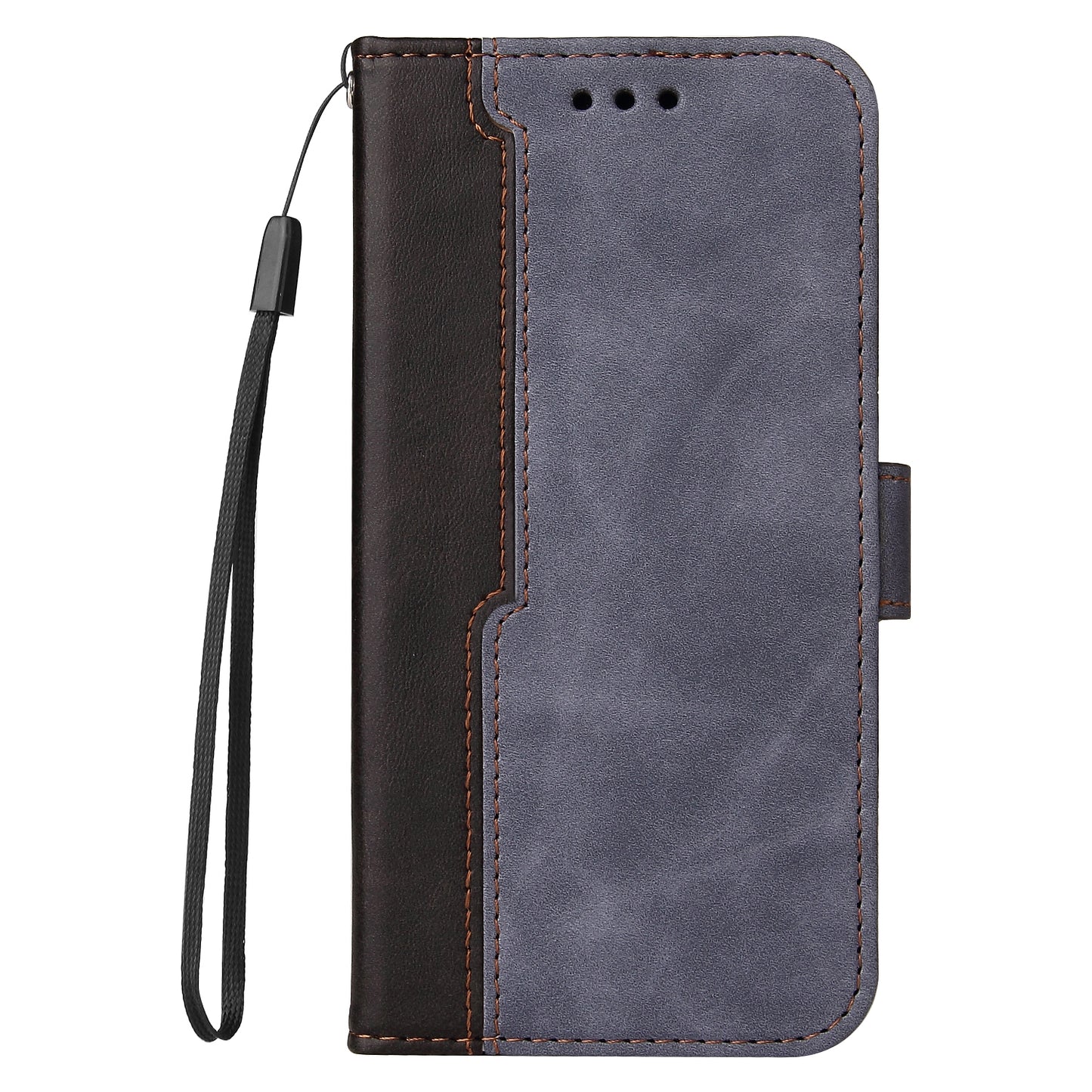 Phone Wallet Cover for iPhone 15 Business Style PU Leather Dual-color Splicing Flip Stand Anti-drop Case - Grey