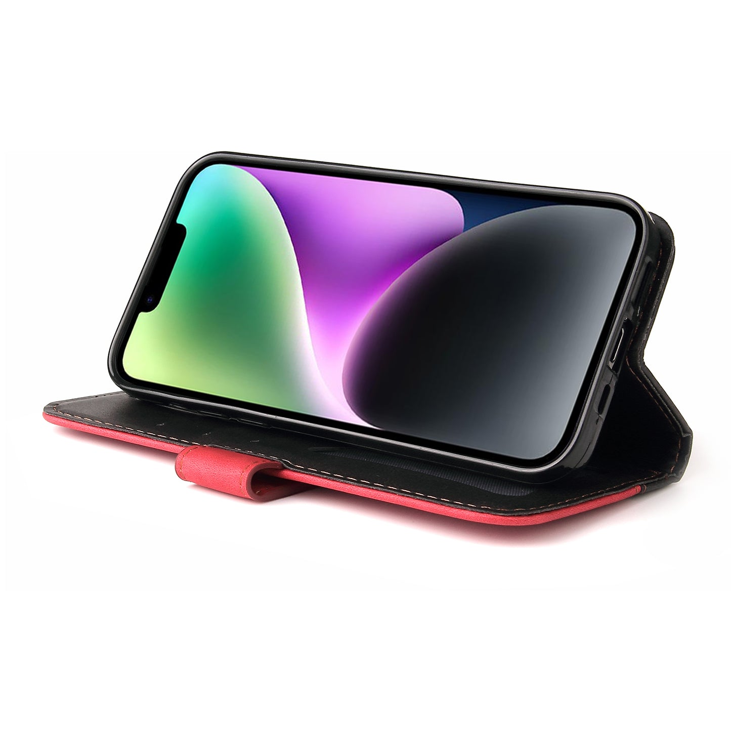 Phone Wallet Cover for iPhone 15 Business Style PU Leather Dual-color Splicing Flip Stand Anti-drop Case - Red