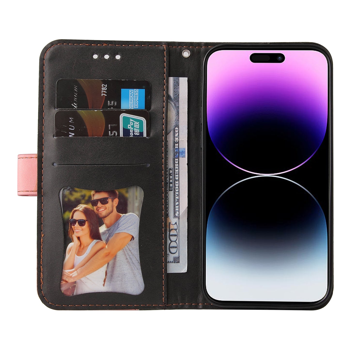 Stand Wallet Shell for iPhone 15 Ultra Business Style Phone Case Dual-color Splicing PU Leather Cover - Pink