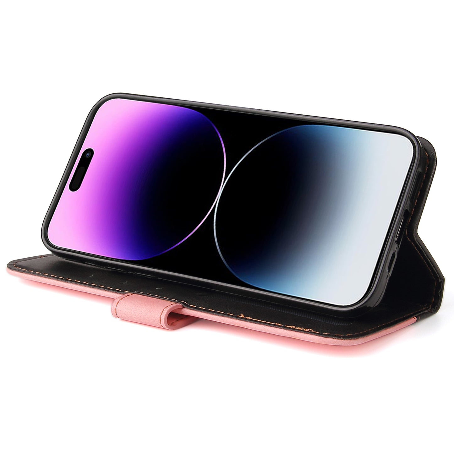 Stand Wallet Shell for iPhone 15 Ultra Business Style Phone Case Dual-color Splicing PU Leather Cover - Pink